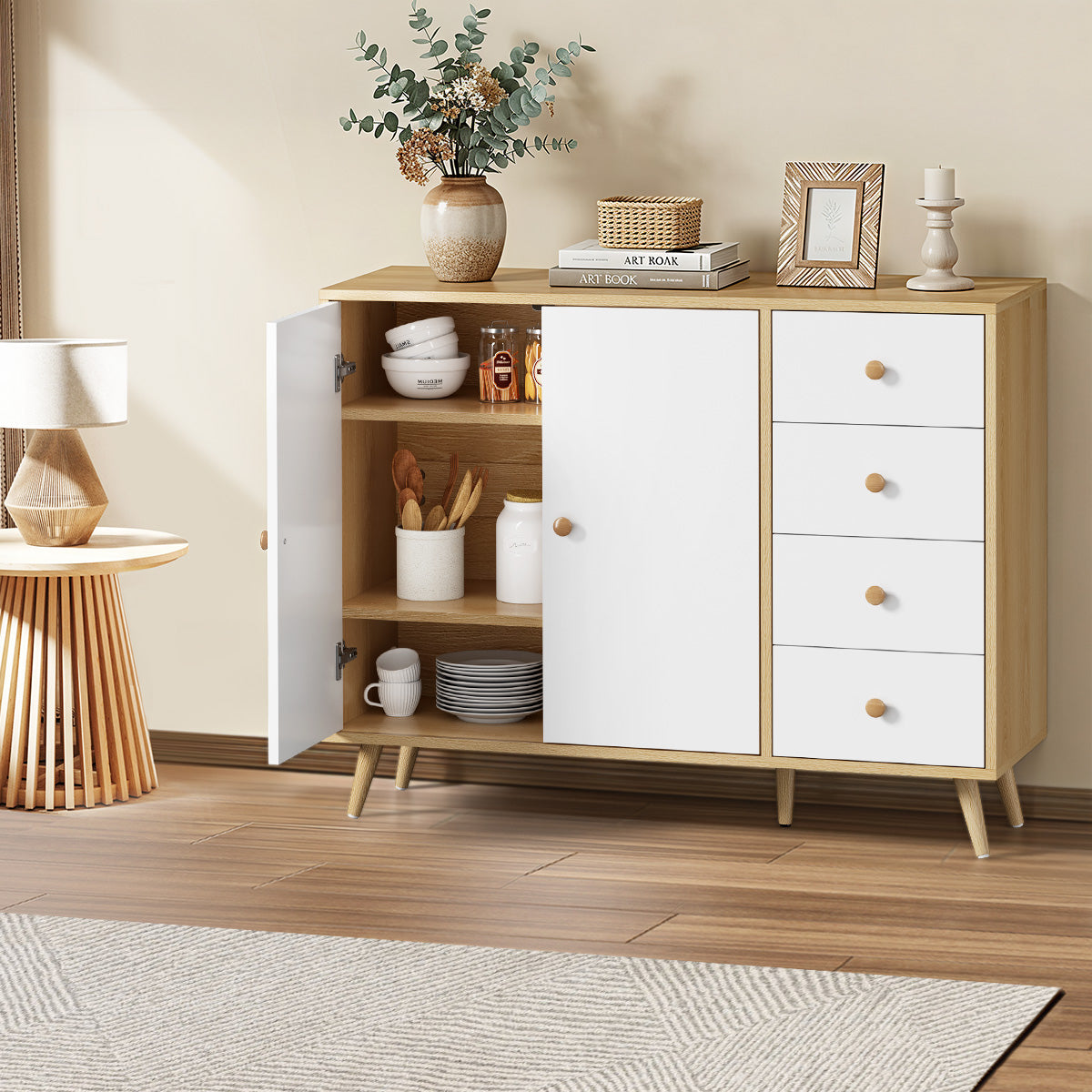 Oikiture Buffet Sideboard Cabinet 4 Drawers Storage Cupboard Hallway Table - Sunyee