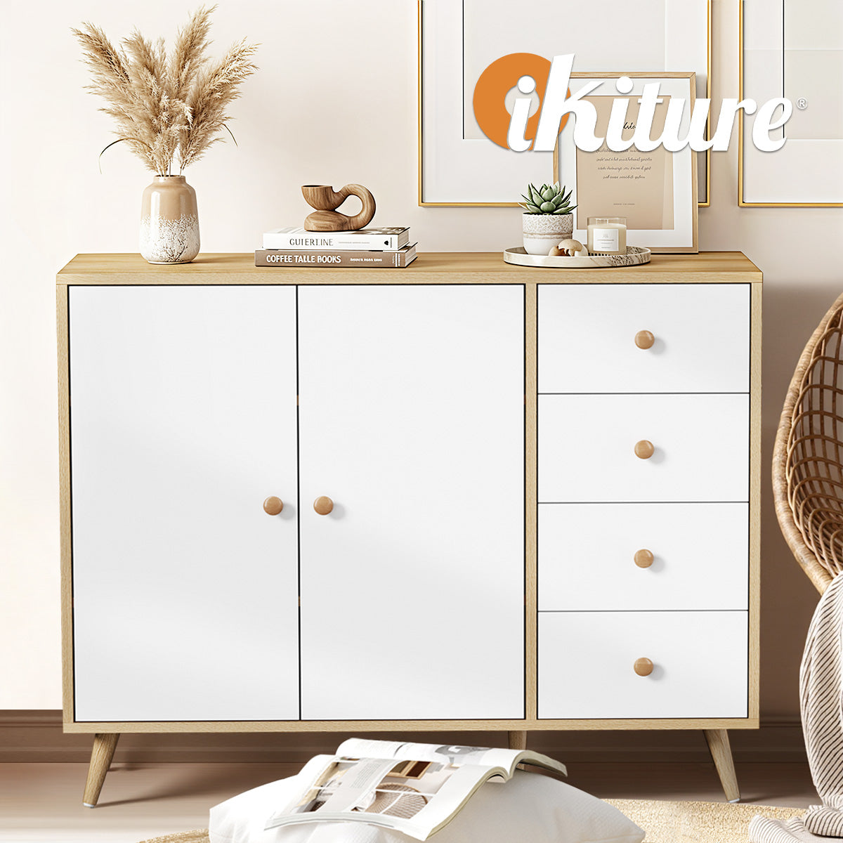 Oikiture Buffet Sideboard Cabinet 4 Drawers Storage Cupboard Hallway Table - Sunyee