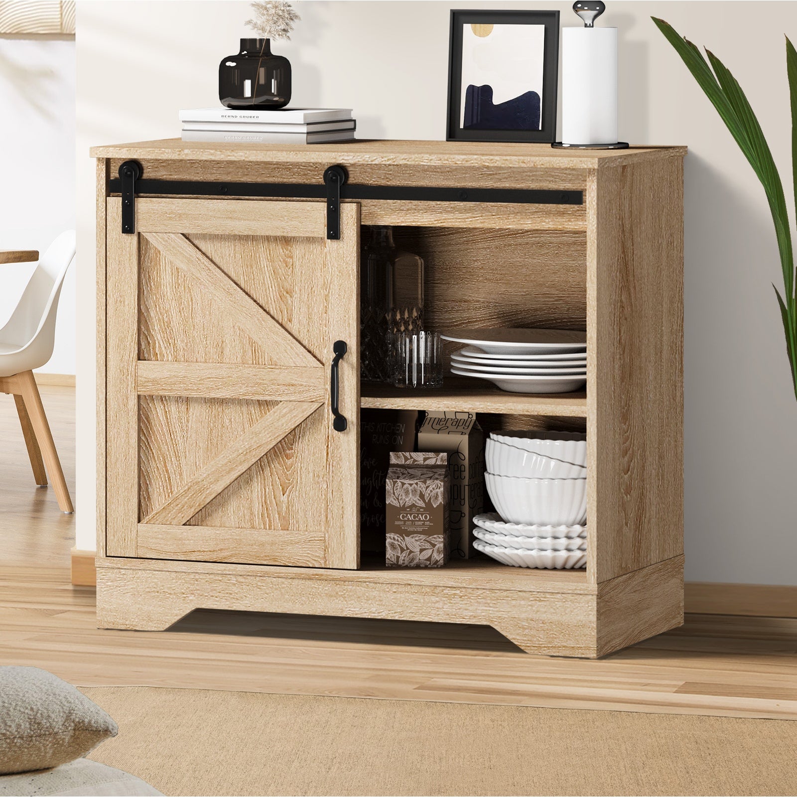Oikiture Buffet Sideboard Cabinet Pantry Storage Cupboard Sliding Door Natural - Sunyee