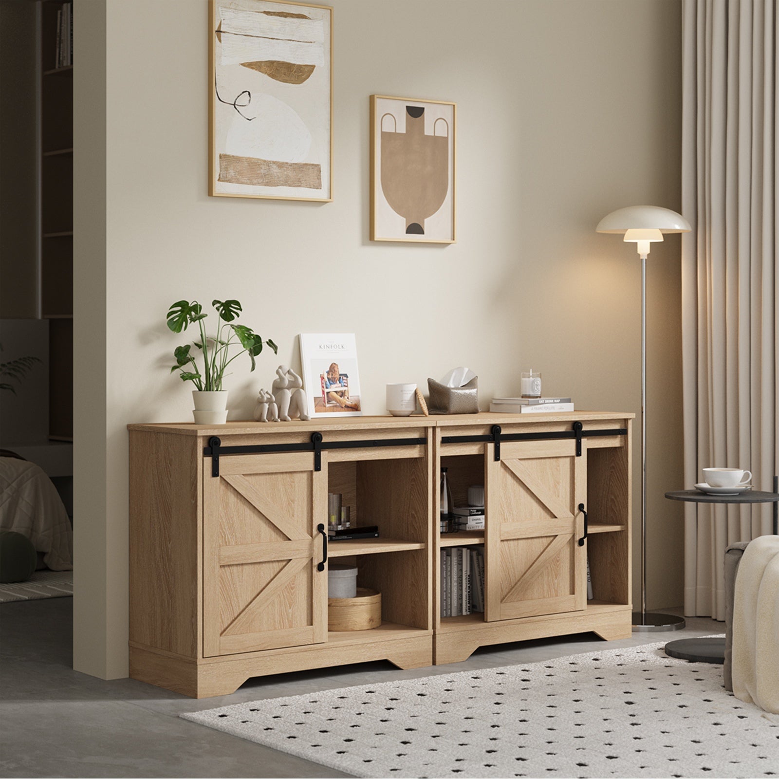 Oikiture Buffet Sideboard Cabinet Pantry Storage Cupboard Sliding Door Natural - Sunyee