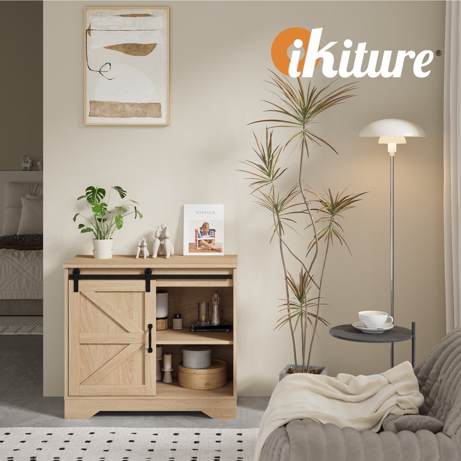 Oikiture Buffet Sideboard Cabinet Pantry Storage Cupboard Sliding Door Natural - Sunyee