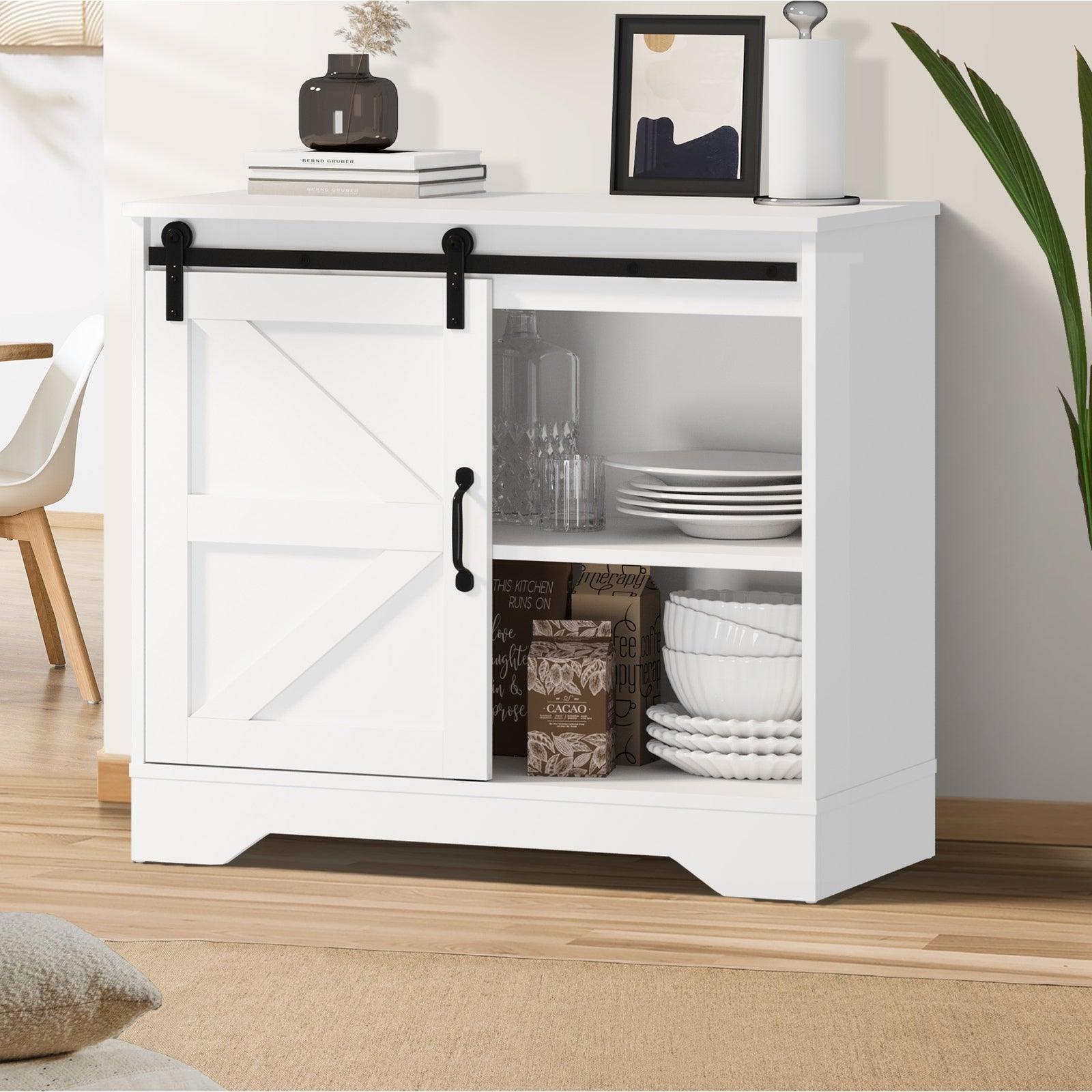 Oikiture Buffet Sideboard Cabinet Pantry Storage Cupboard Sliding Door White - Sunyee