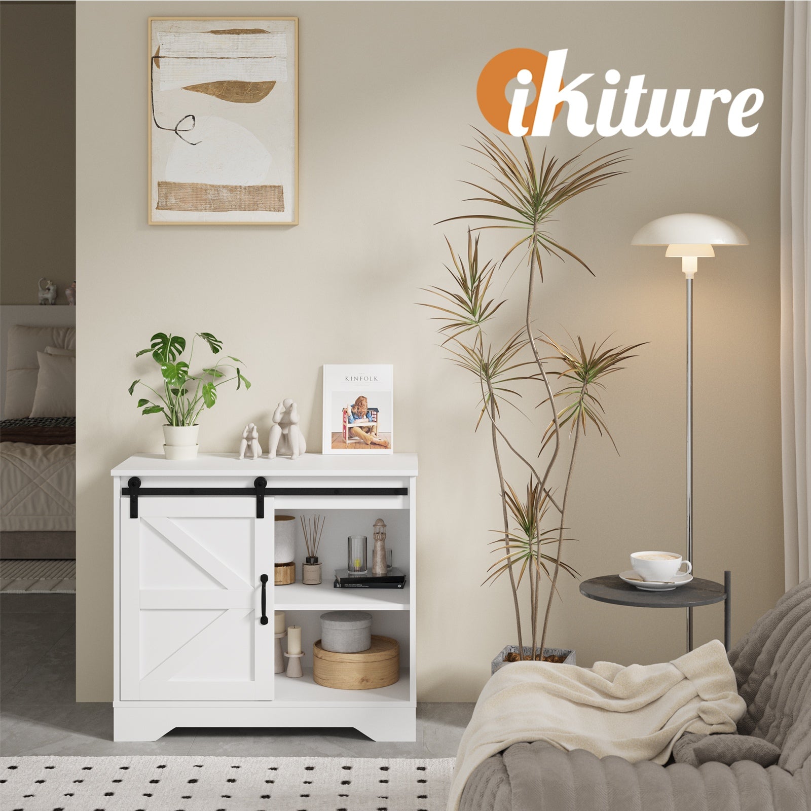 Oikiture Buffet Sideboard Cabinet Pantry Storage Cupboard Sliding Door White - Sunyee