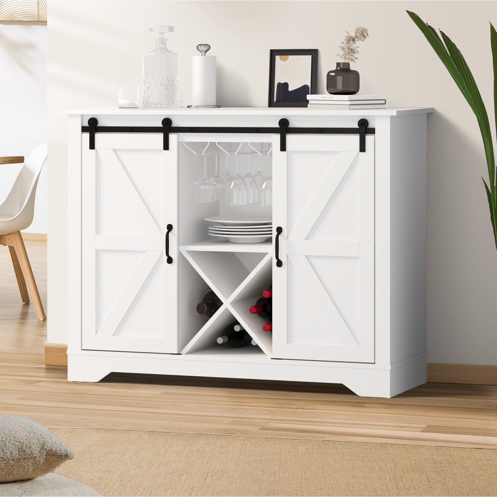 Oikiture Sideboard Buffet Storage Cabinet Wine Rack Sliding Door 5 Shelves White - Sunyee