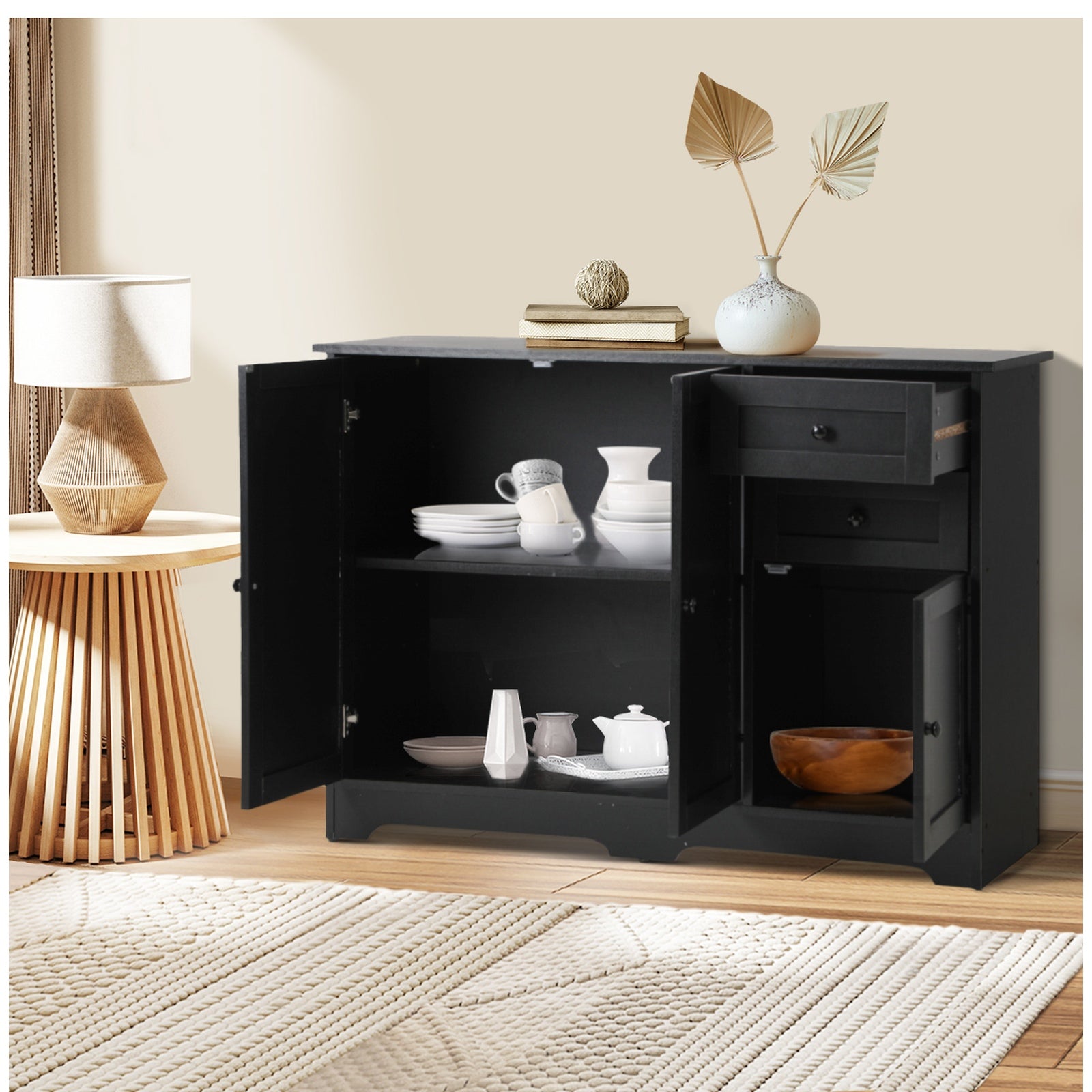 Oikiture Buffet Sideboard Storage Cabinet Cupboard Hallway Drawers Table Black - Sunyee
