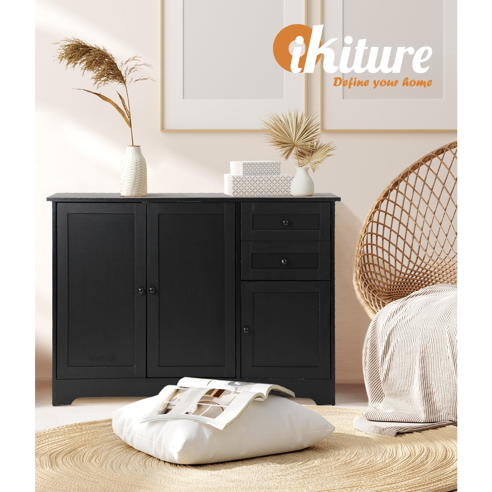 Oikiture Buffet Sideboard Storage Cabinet Cupboard Hallway Drawers Table Black - Sunyee