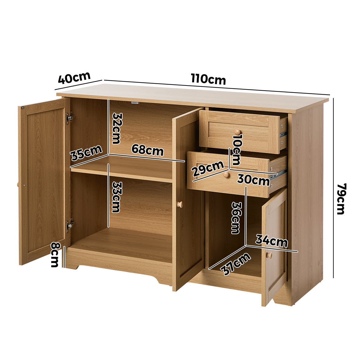 Oikiture Buffet Sideboard Storage Cabinet Cupboard Hallway Drawers Table Natural - Sunyee