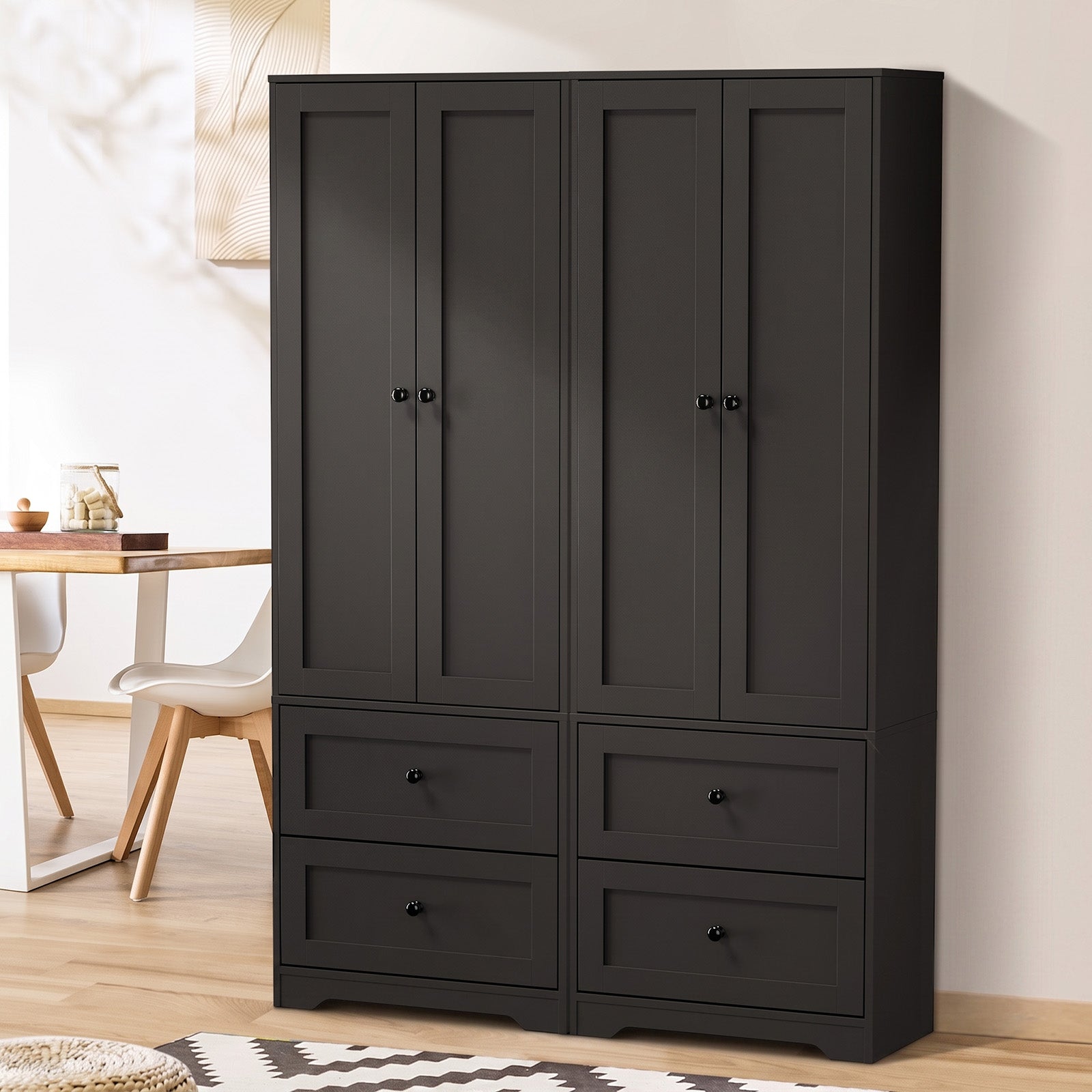 Oikiture 2PCS Sideboard Cupboard Storage Cabinet Wardrobe Shelf Drawer Black