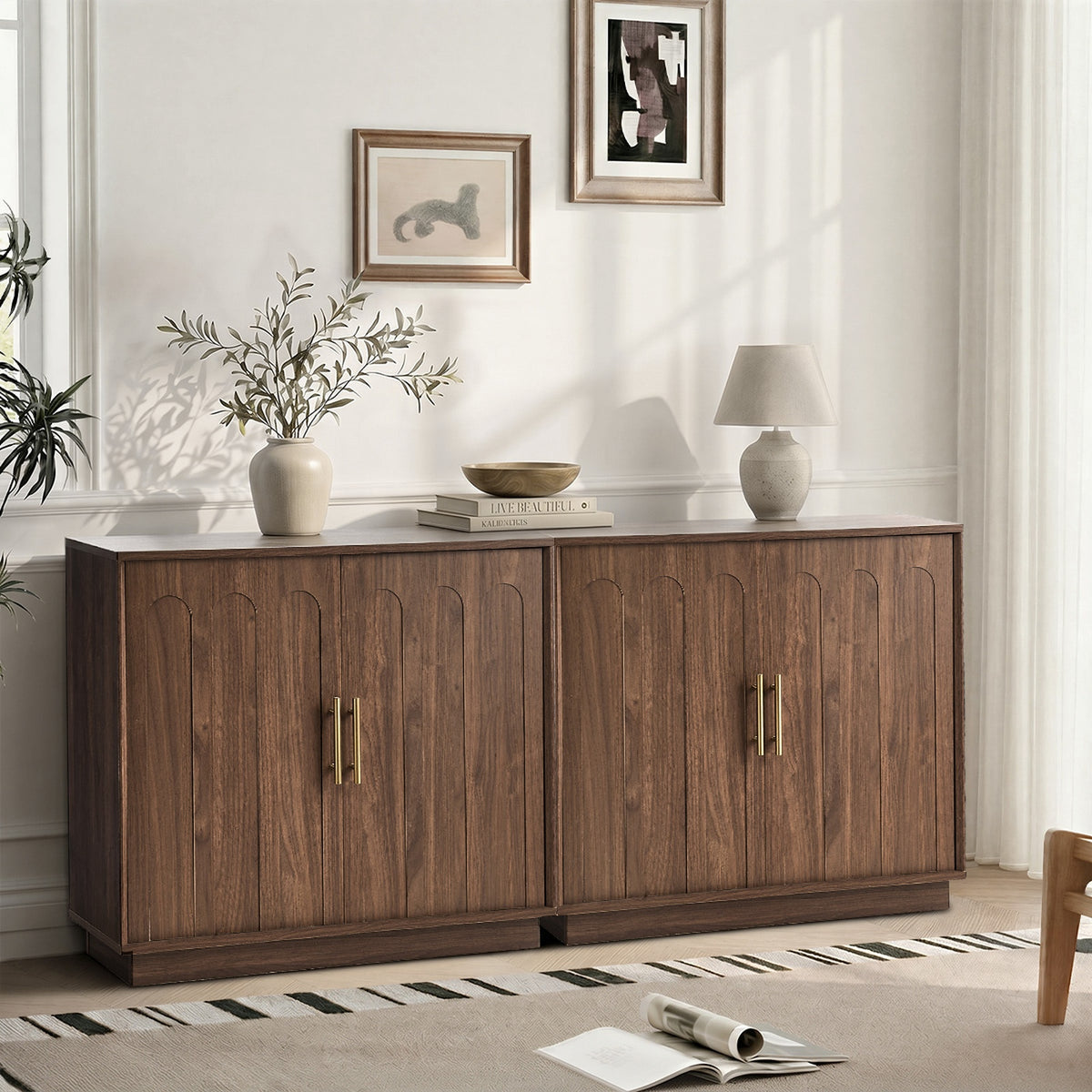 Oikiture Buffet Sideboard Storage Cabinet 2 Door Cupboard Hallway Table Walnut