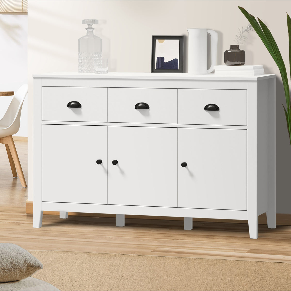 Oikiture Sideboard Buffet Storage Cabinet 3 Doors Cupboard Pantry Kitchen White - Sunyee