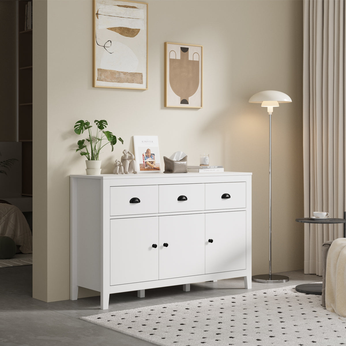 Oikiture Sideboard Buffet Storage Cabinet 3 Doors Cupboard Pantry Kitchen White - Sunyee