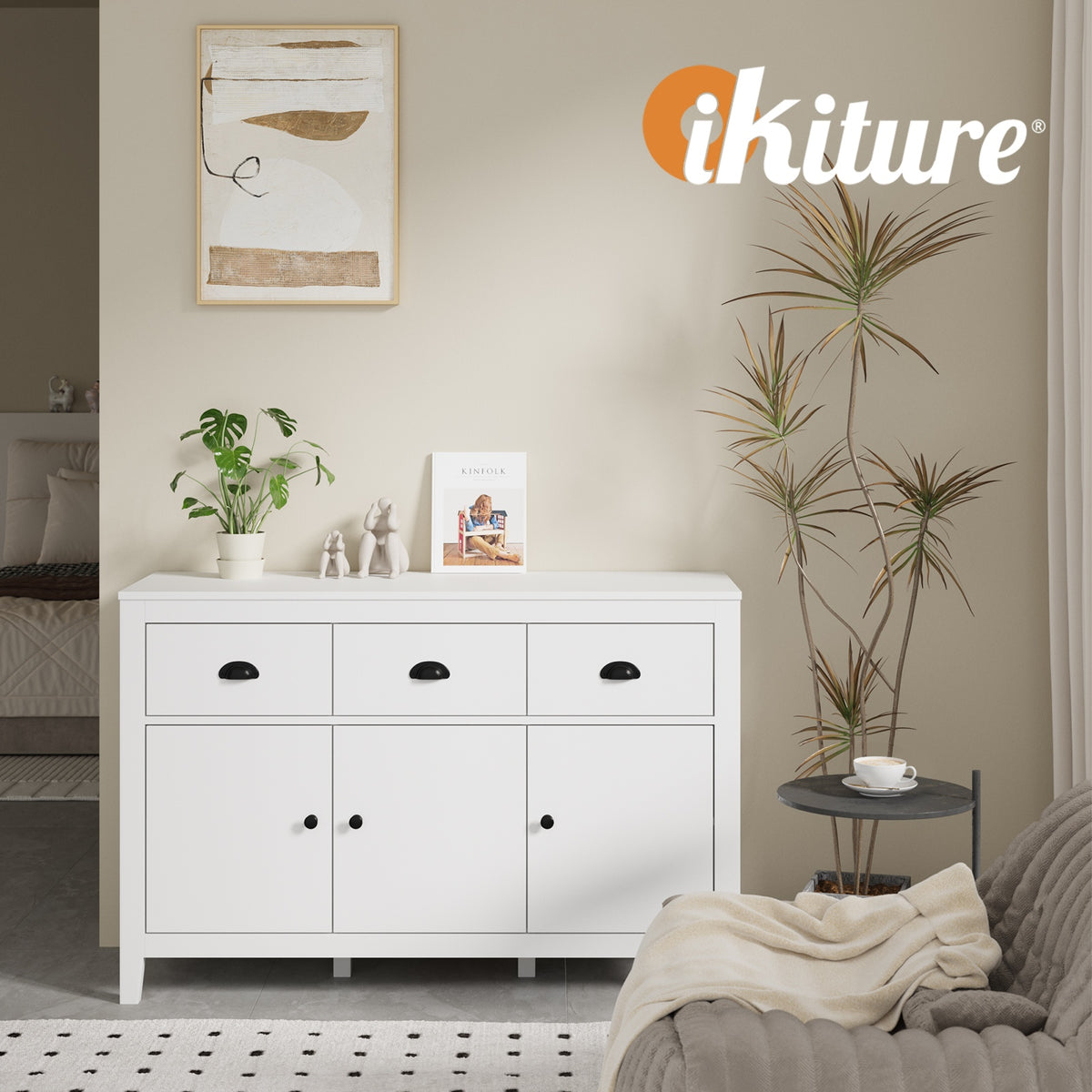 Oikiture Sideboard Buffet Storage Cabinet 3 Doors Cupboard Pantry Kitchen White - Sunyee