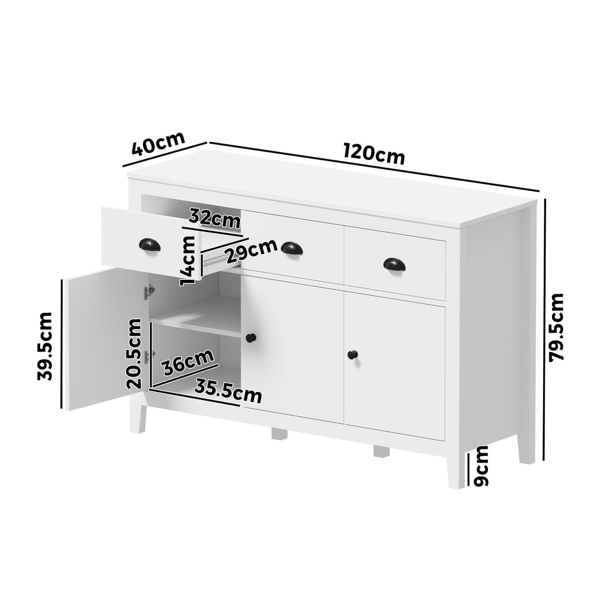 Oikiture Sideboard Buffet Storage Cabinet 3 Doors Cupboard Pantry Kitchen White - Sunyee