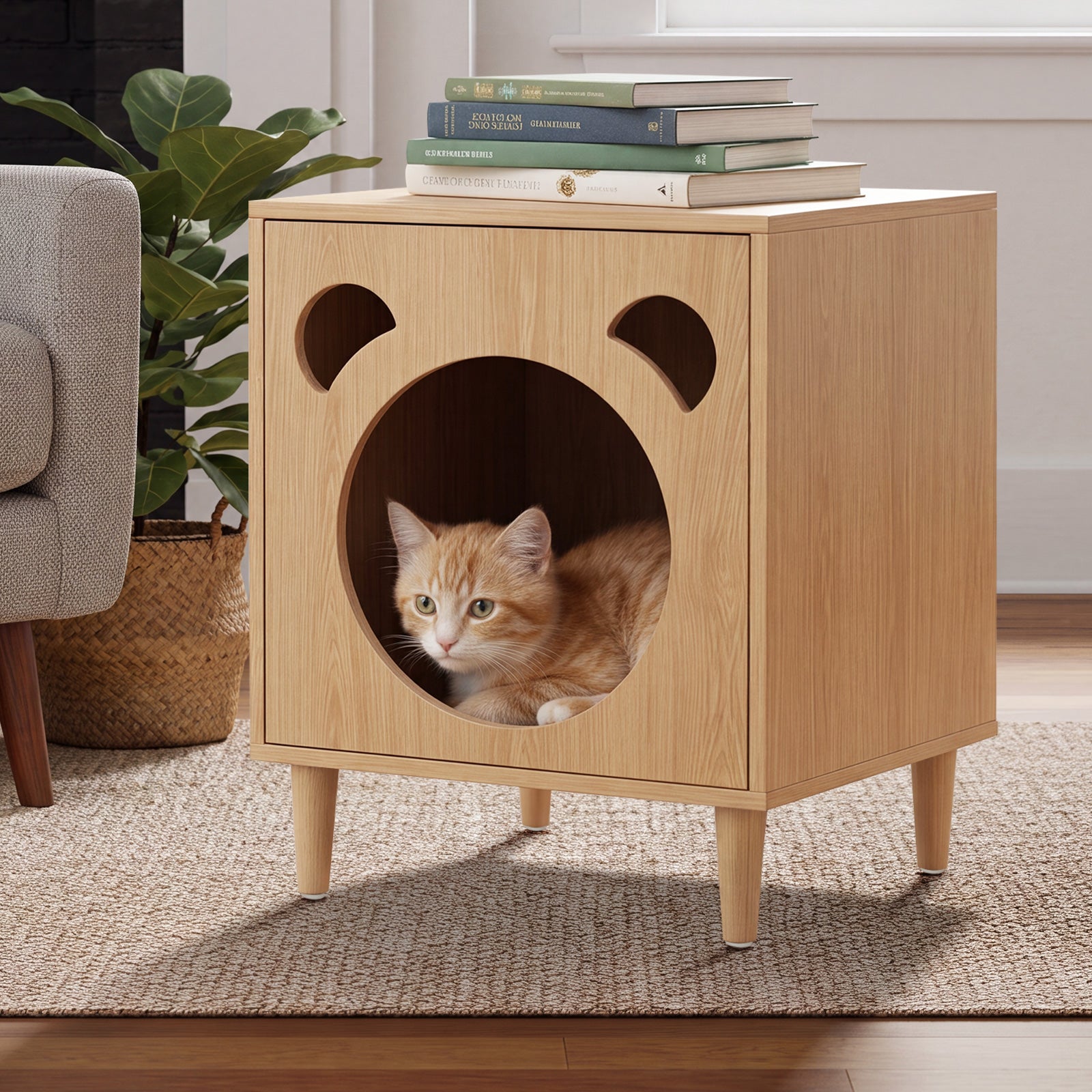 Oikiture Pet Storage Cabinet Cat House Side Table Hidden Litter Box Natural