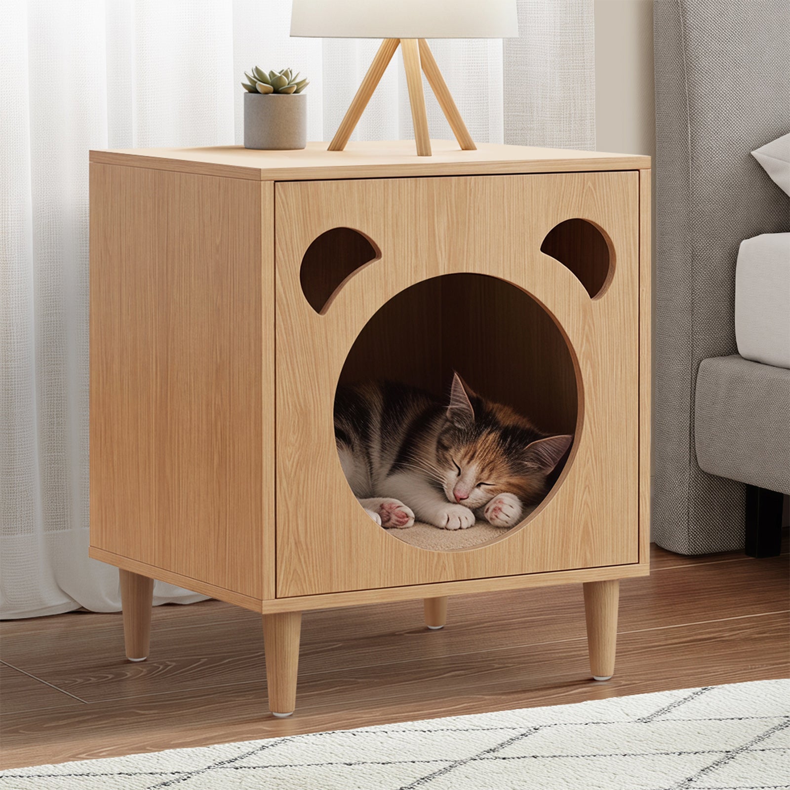 Oikiture Pet Storage Cabinet Cat House Side Table Hidden Litter Box Natural