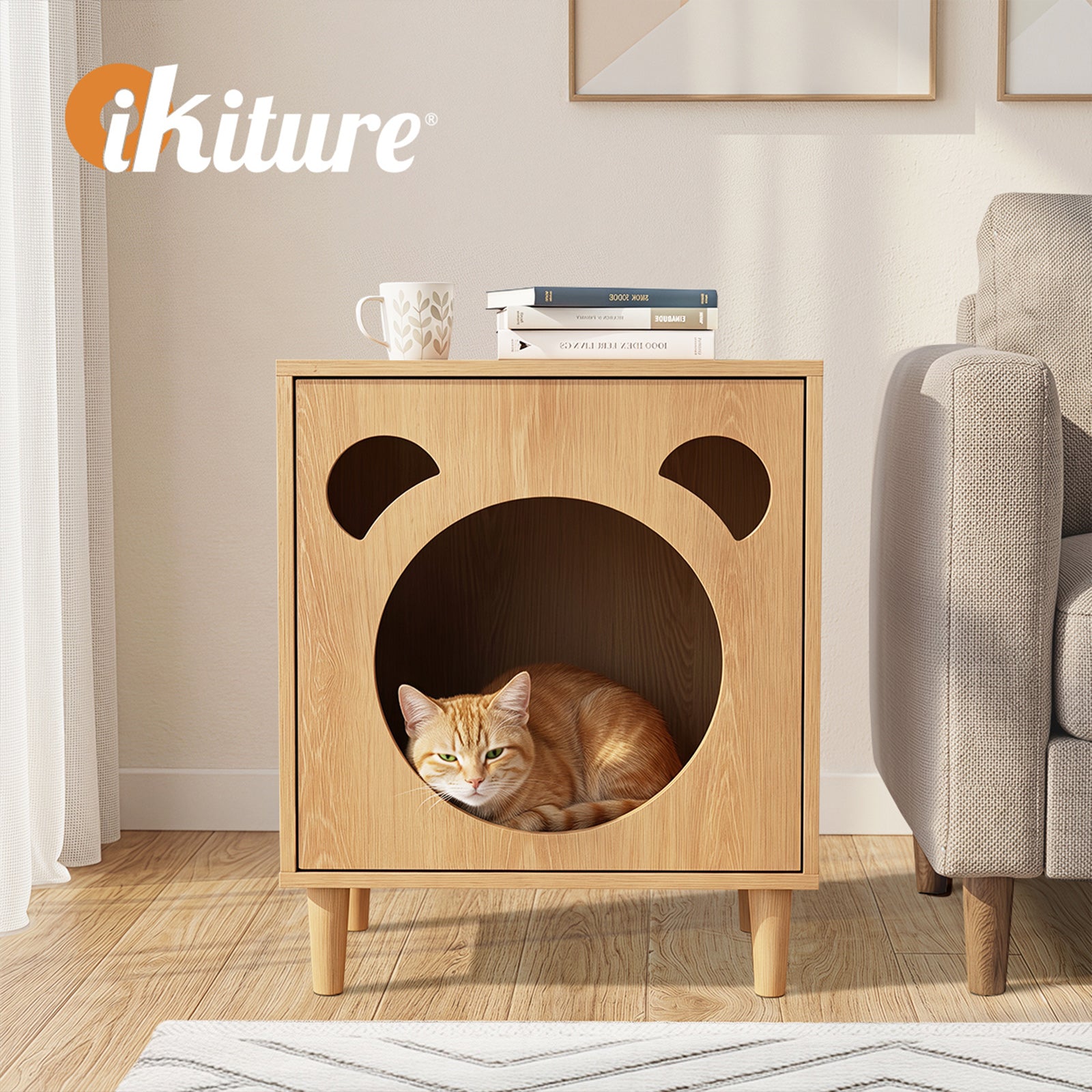 Oikiture Pet Storage Cabinet Cat House Side Table Hidden Litter Box Natural