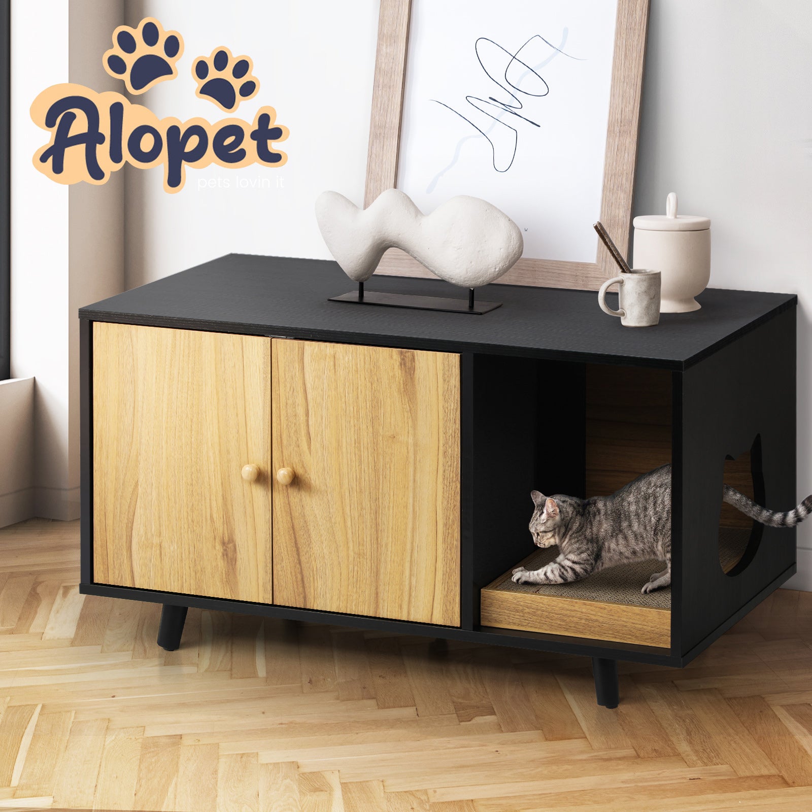 Alopet Cat Litter Box Enclosure Wooden Side Table Storage Cabinet W/ Scratcher - Sunyee