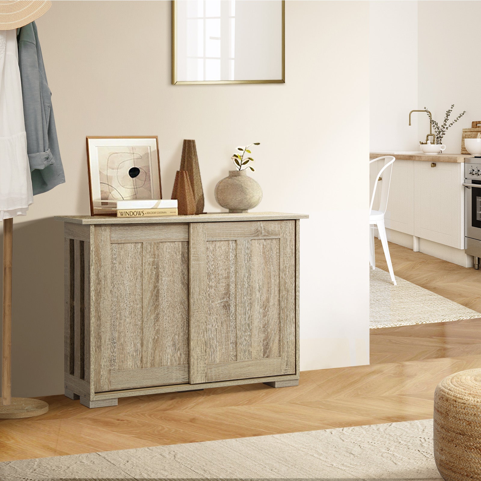 Oikiture Buffet Sideboard Cabinet Doors Storage Cupboard Hallway Table Natural - Sunyee