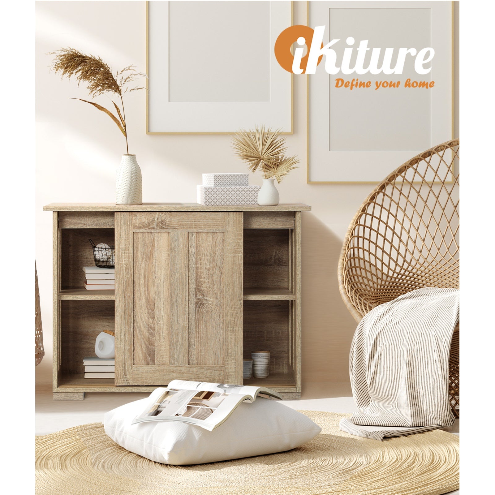 Oikiture Buffet Sideboard Cabinet Doors Storage Cupboard Hallway Table Natural - Sunyee