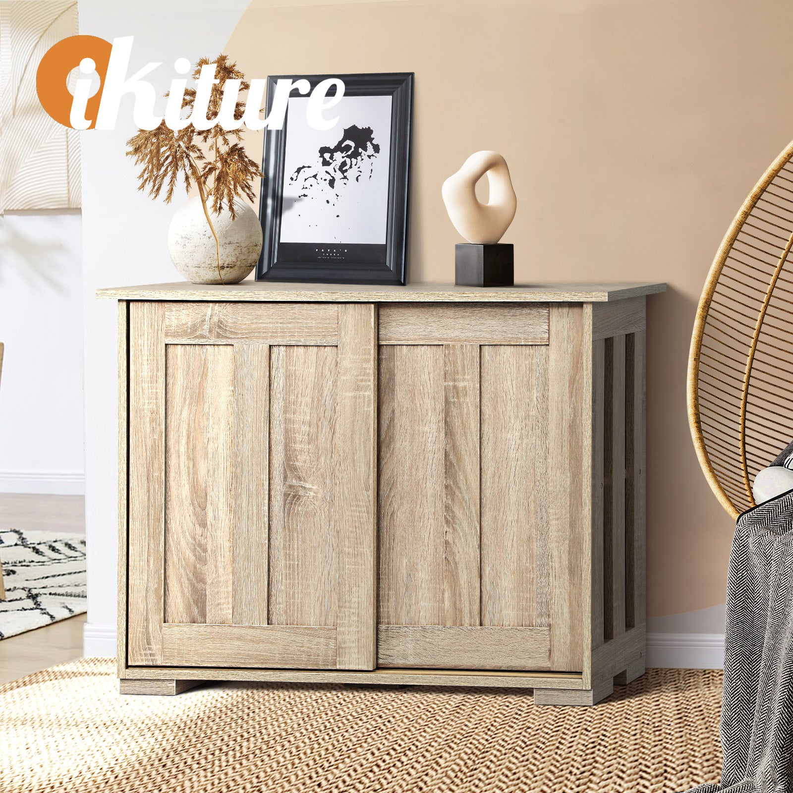 Oikiture Buffet Sideboard Cabinet Doors Storage Cupboard Hallway Table Natural - Sunyee