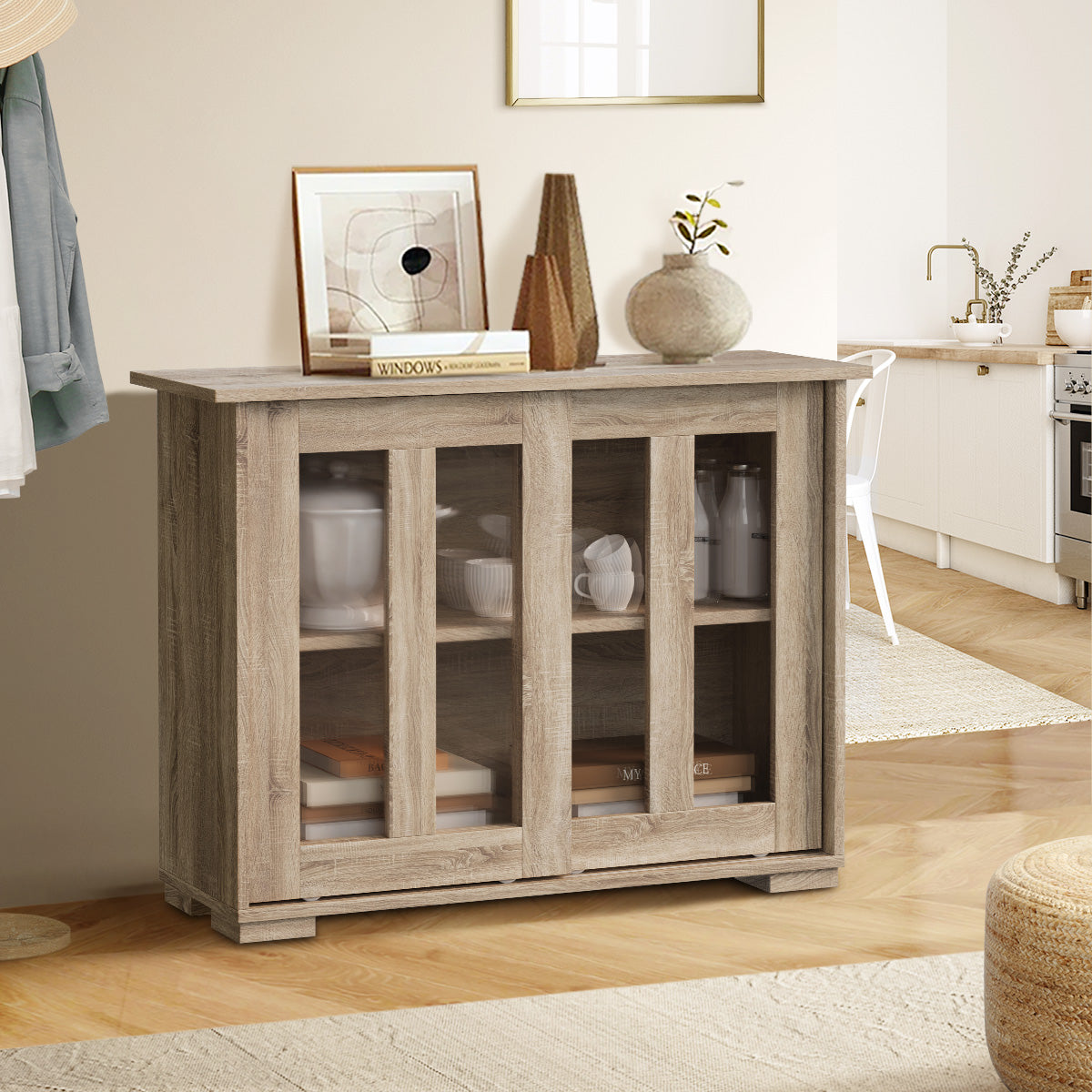 Oikiture Sideboard Buffet Cupboard Cabinet Glass Sliding Door Storage Natural