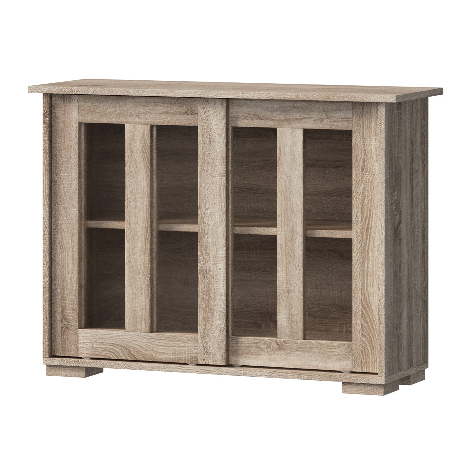 Oikiture Sideboard Buffet Cupboard Cabinet Glass Sliding Door Storage Natural