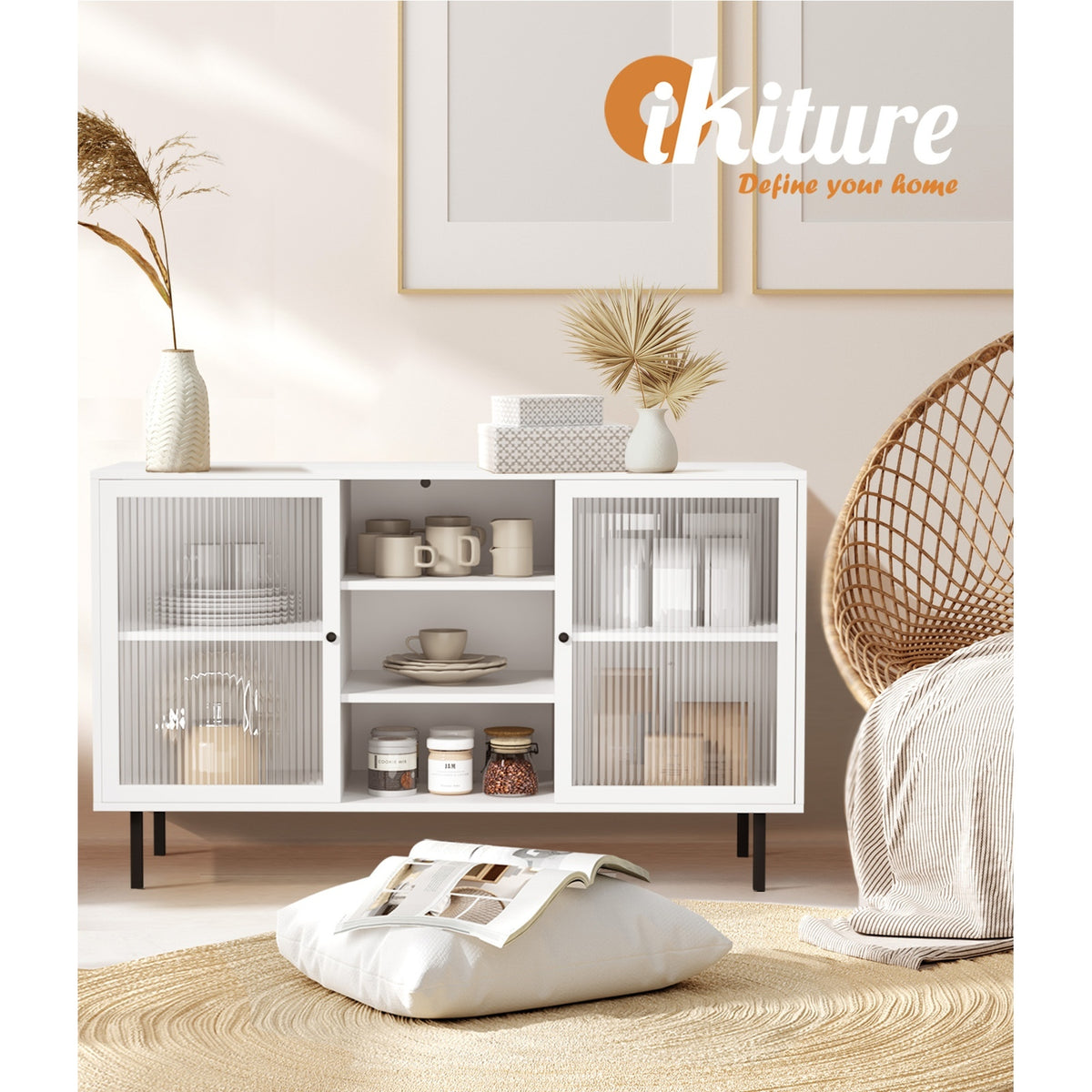 Oikiture Sideboard Buffet Storage Cabinet Tempered Glass Door Cupboard White - Sunyee