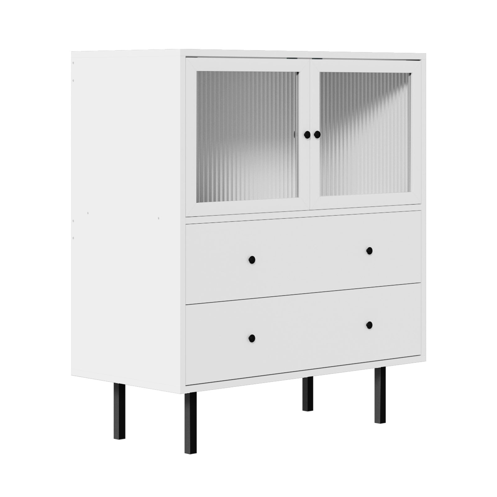 Oikiture Sideboard Buffet Storage Cabinet Tempered Glass Door 2 Drawers White - Sunyee