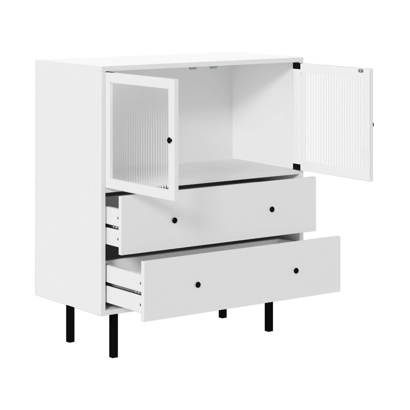 Oikiture Sideboard Buffet Storage Cabinet Tempered Glass Door 2 Drawers White - Sunyee