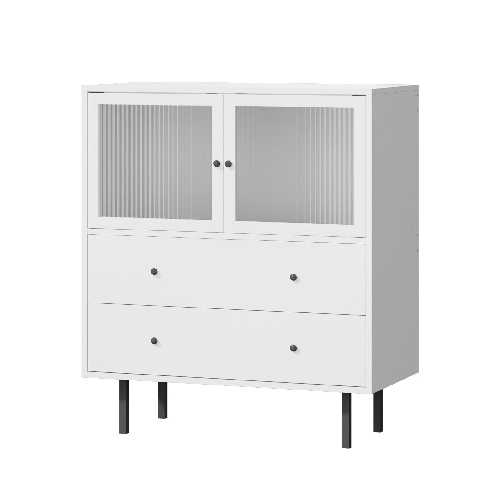 Oikiture Sideboard Buffet Storage Cabinet Tempered Glass Door 2 Drawers White - Sunyee