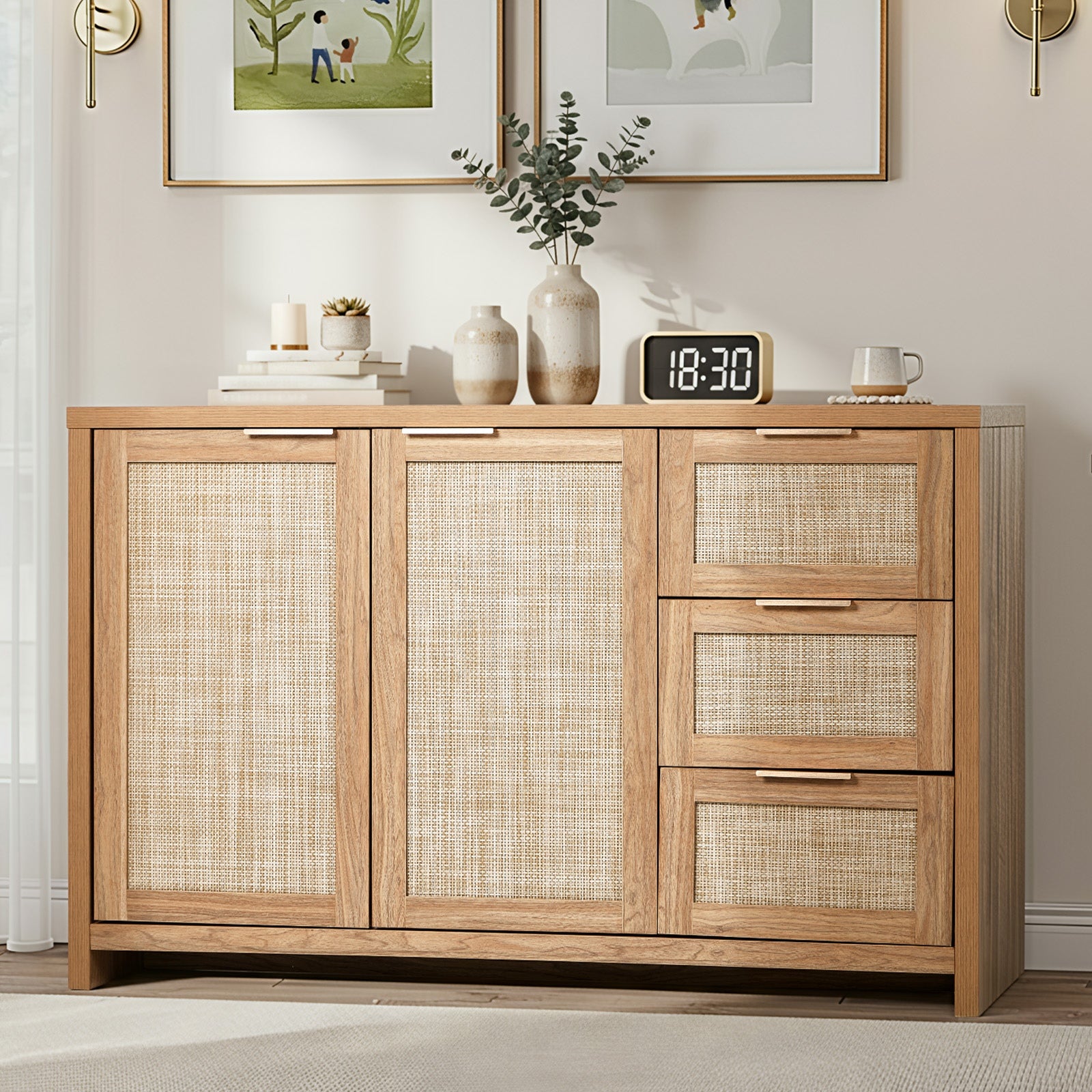 Oikiture Buffet Sideboard Storage Cabinet Rattan Cupboard 3 Drawer Hallway Table - Sunyee