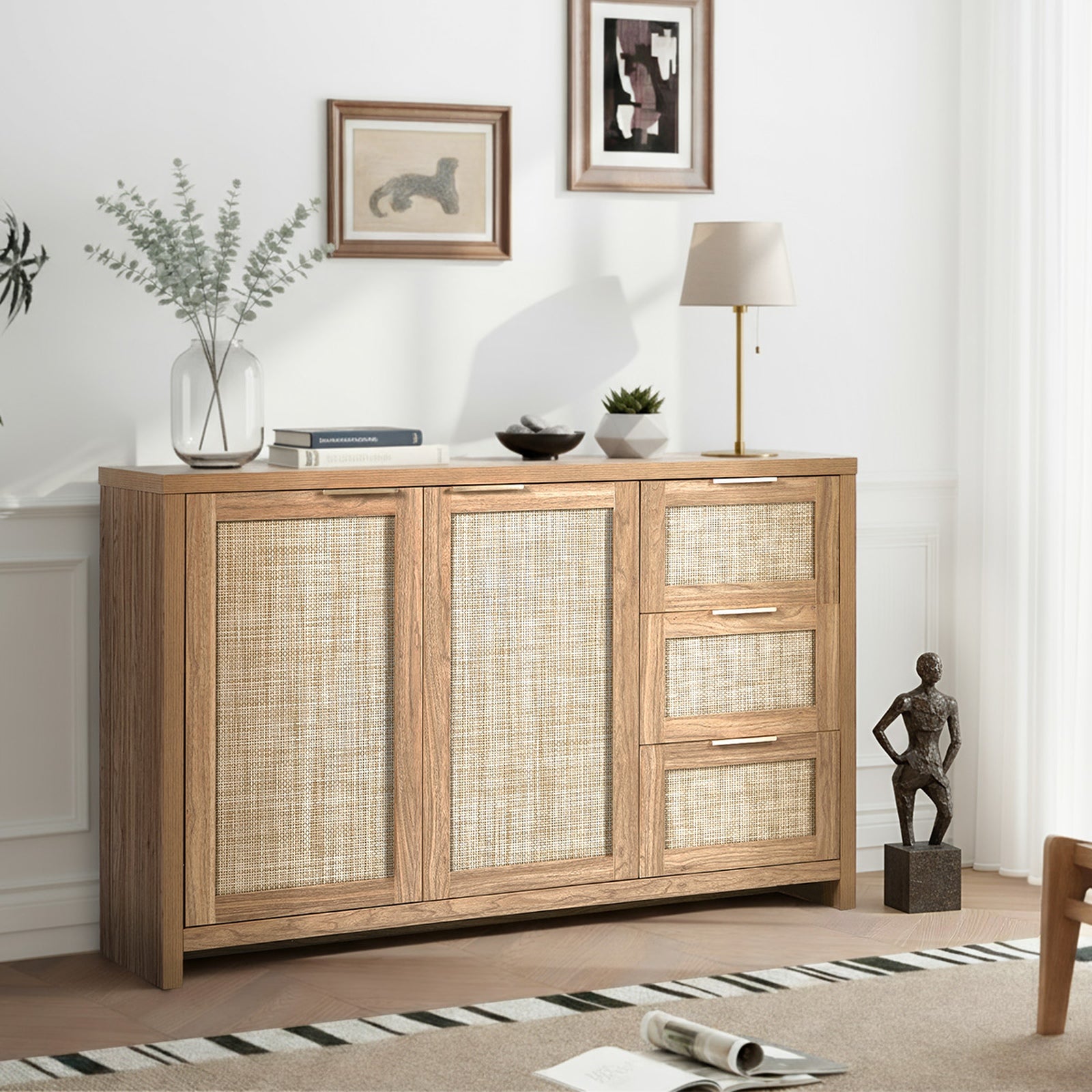 Oikiture Buffet Sideboard Storage Cabinet Rattan Cupboard 3 Drawer Hallway Table - Sunyee