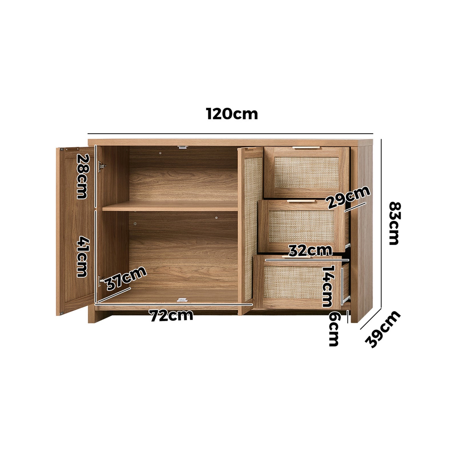 Oikiture Buffet Sideboard Storage Cabinet Rattan Cupboard 3 Drawer Hallway Table - Sunyee