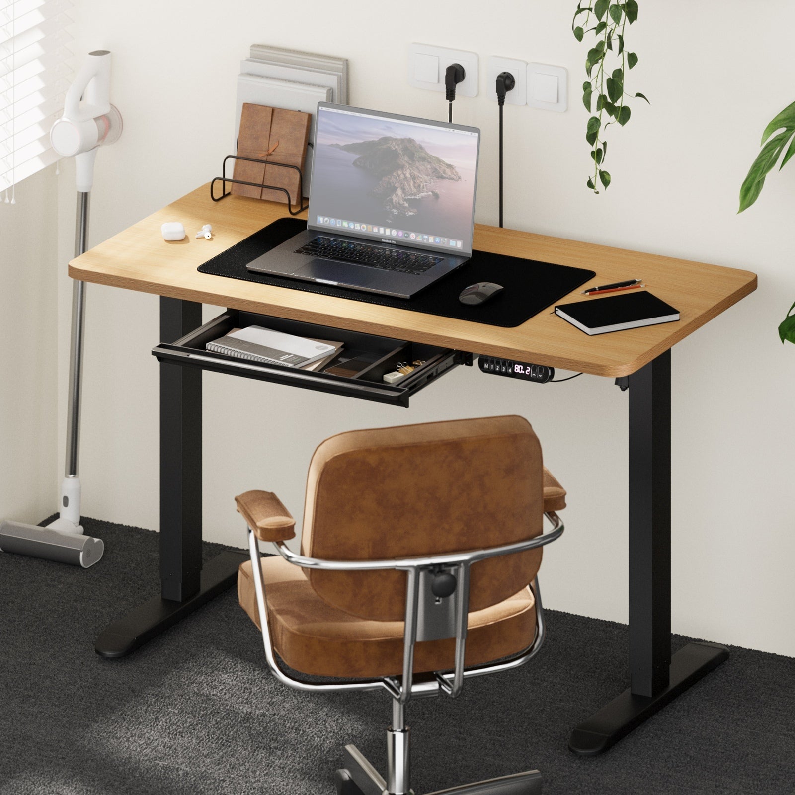 Oikiture 120CM Electric Standing Desk with Drawer Height Adjustable Black & Oak - Sunyee