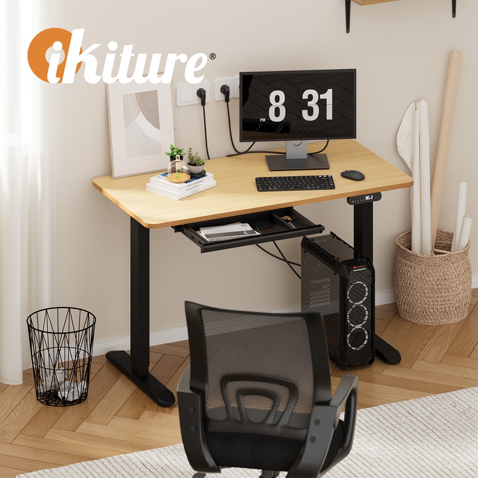 Oikiture 120CM Electric Standing Desk with Drawer Height Adjustable Black & Oak - Sunyee