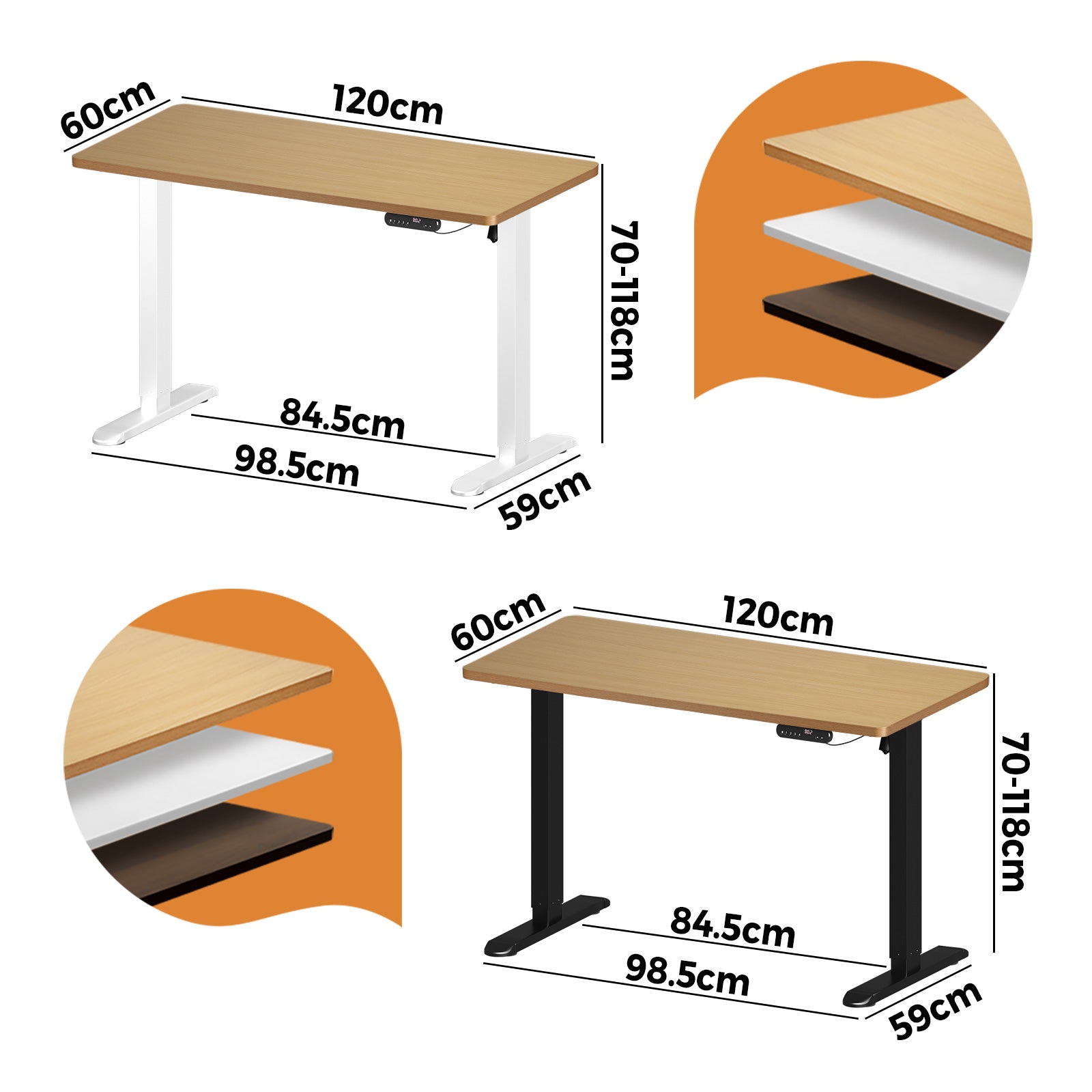 Oikiture 120CM Electric Standing Desk Single Motor Frame with Tabletop 3 Colour - Sunyee