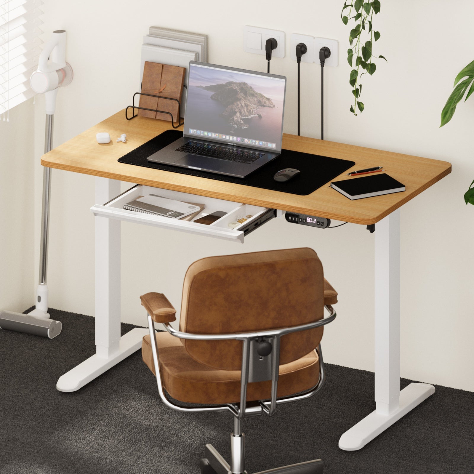 Oikiture 120CM Electric Standing Desk with Drawer Height Adjustable White & Oak - Sunyee