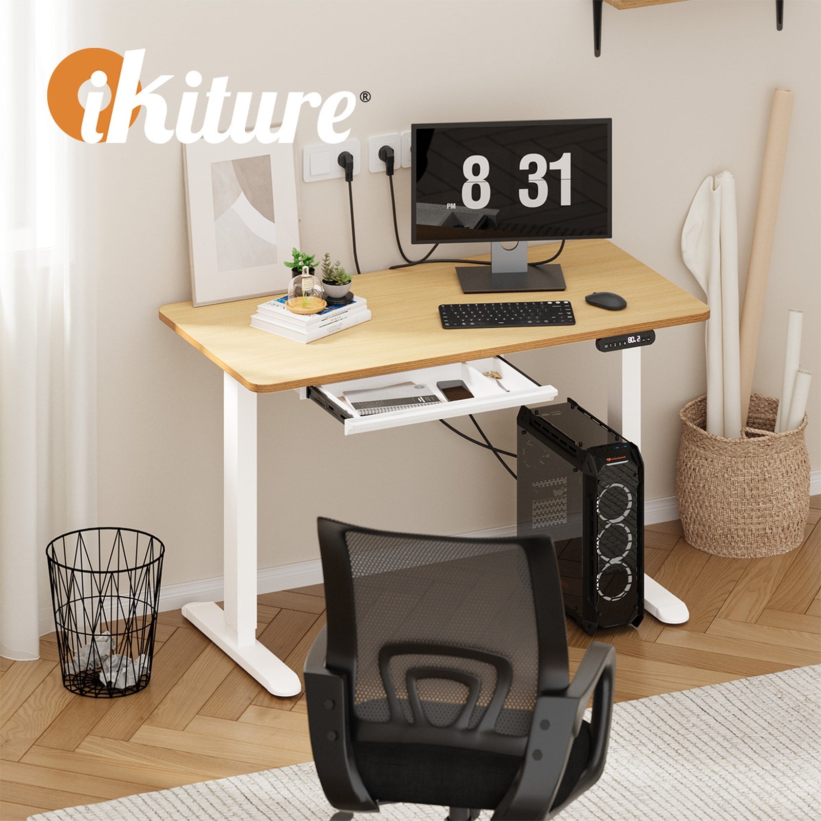 Oikiture 120CM Electric Standing Desk with Drawer Height Adjustable White & Oak - Sunyee