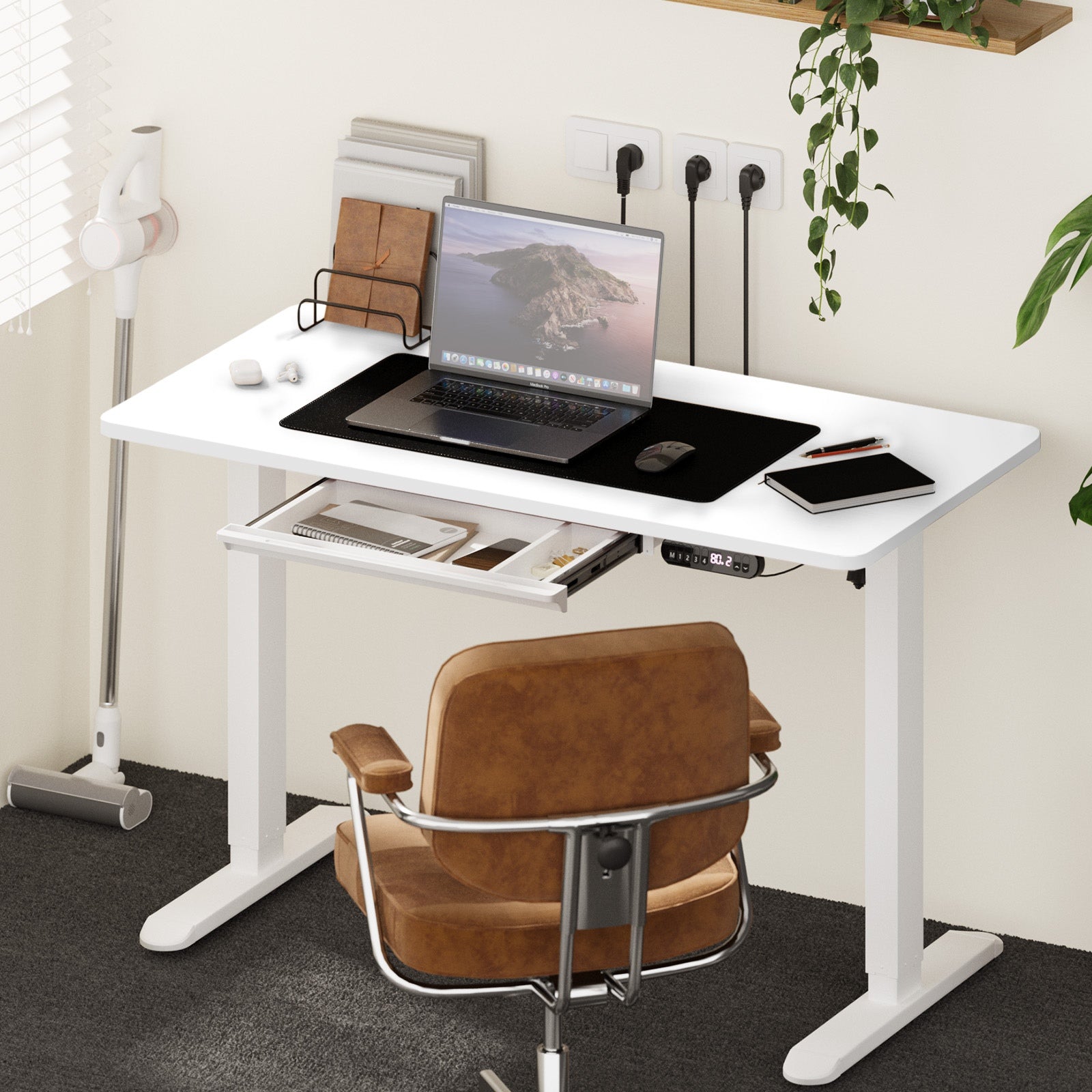 Oikiture 120cm Electric Standing Desk With Drawer Adjustable Height White - Sunyee