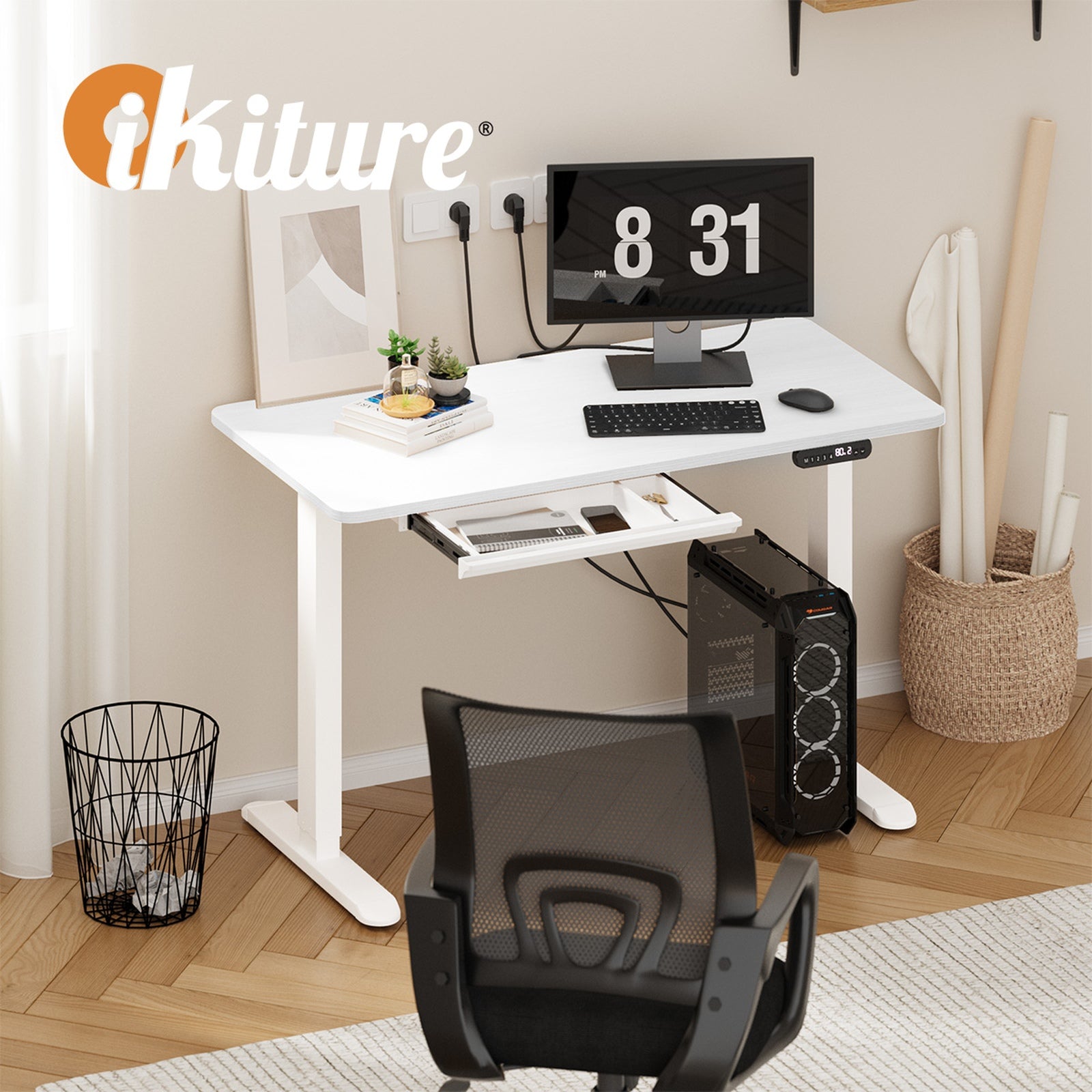 Oikiture 120cm Electric Standing Desk With Drawer Adjustable Height White - Sunyee