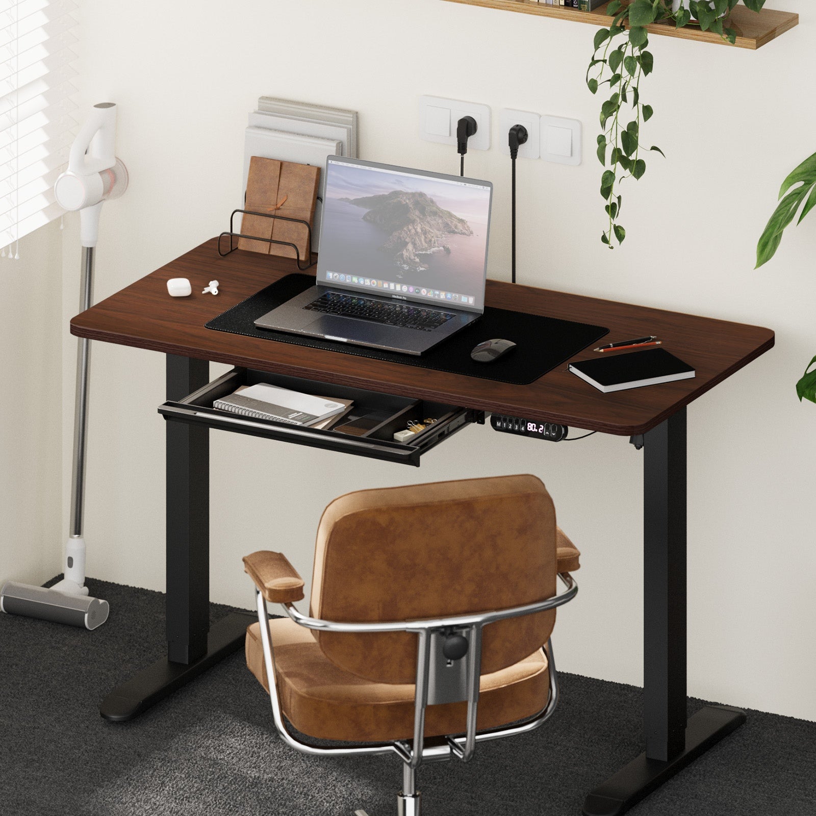 Oikiture 140cm Electric Standing Desk With Drawer Adjustable Office Table Black - Sunyee
