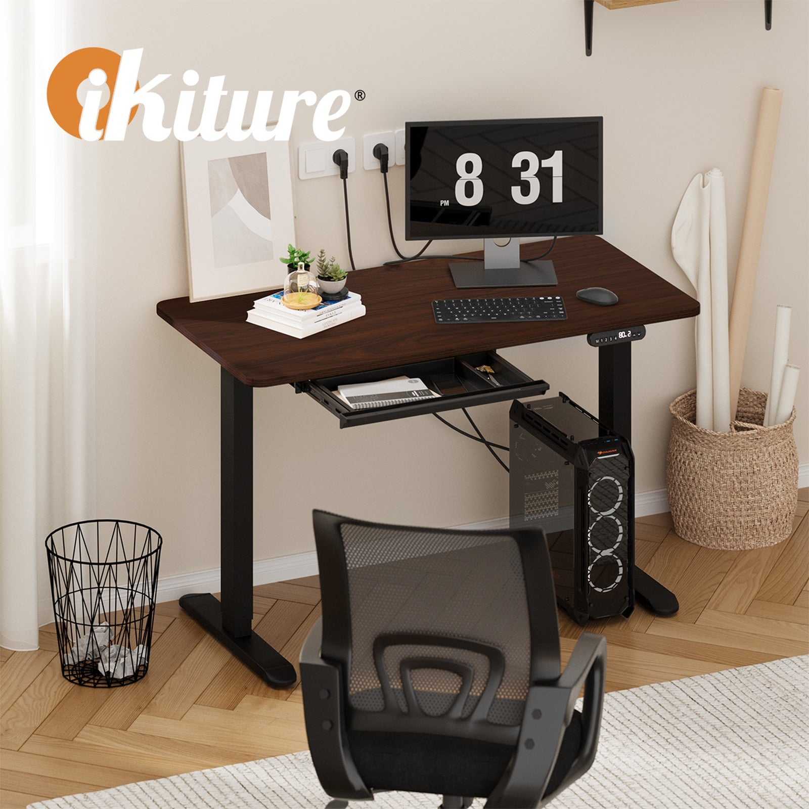 Oikiture 140cm Electric Standing Desk With Drawer Adjustable Office Table Black - Sunyee