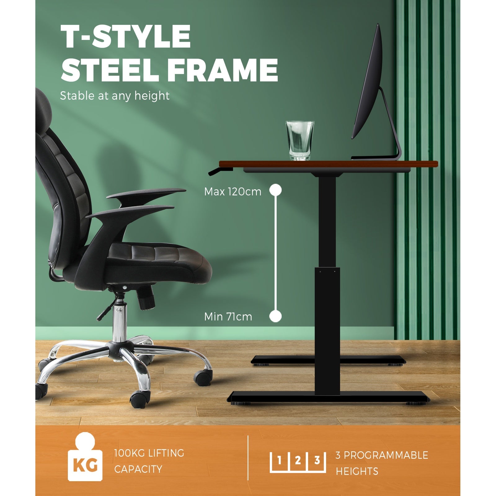 Oikiture Standing Desk Sit Stand Adjustable Height Motorised Dual Motor Walnut - Sunyee