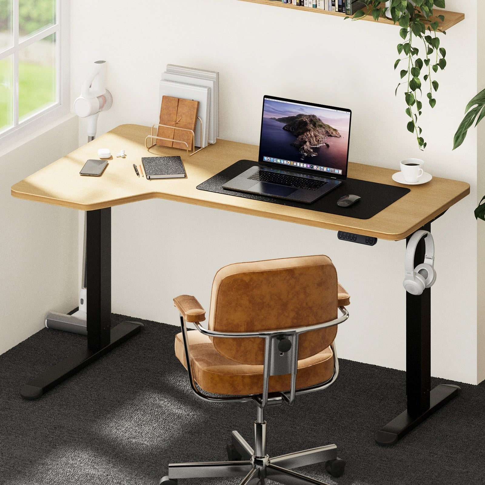 Oikiture L-shape Electric Standing Desk Single Motor Black Frame 145CM Desktop - Sunyee