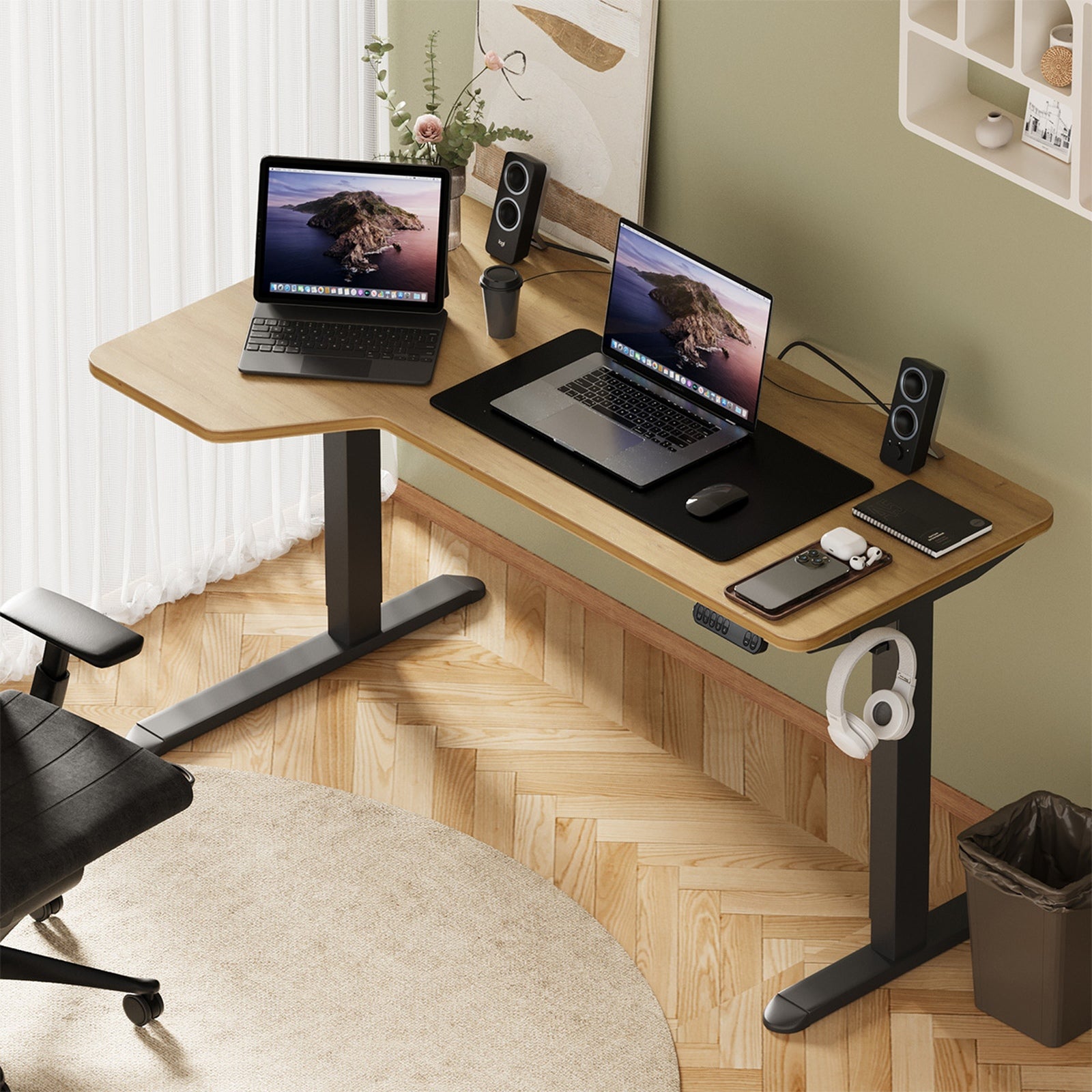 Oikiture L-shape Electric Standing Desk Single Motor Black Frame 145CM Desktop - Sunyee