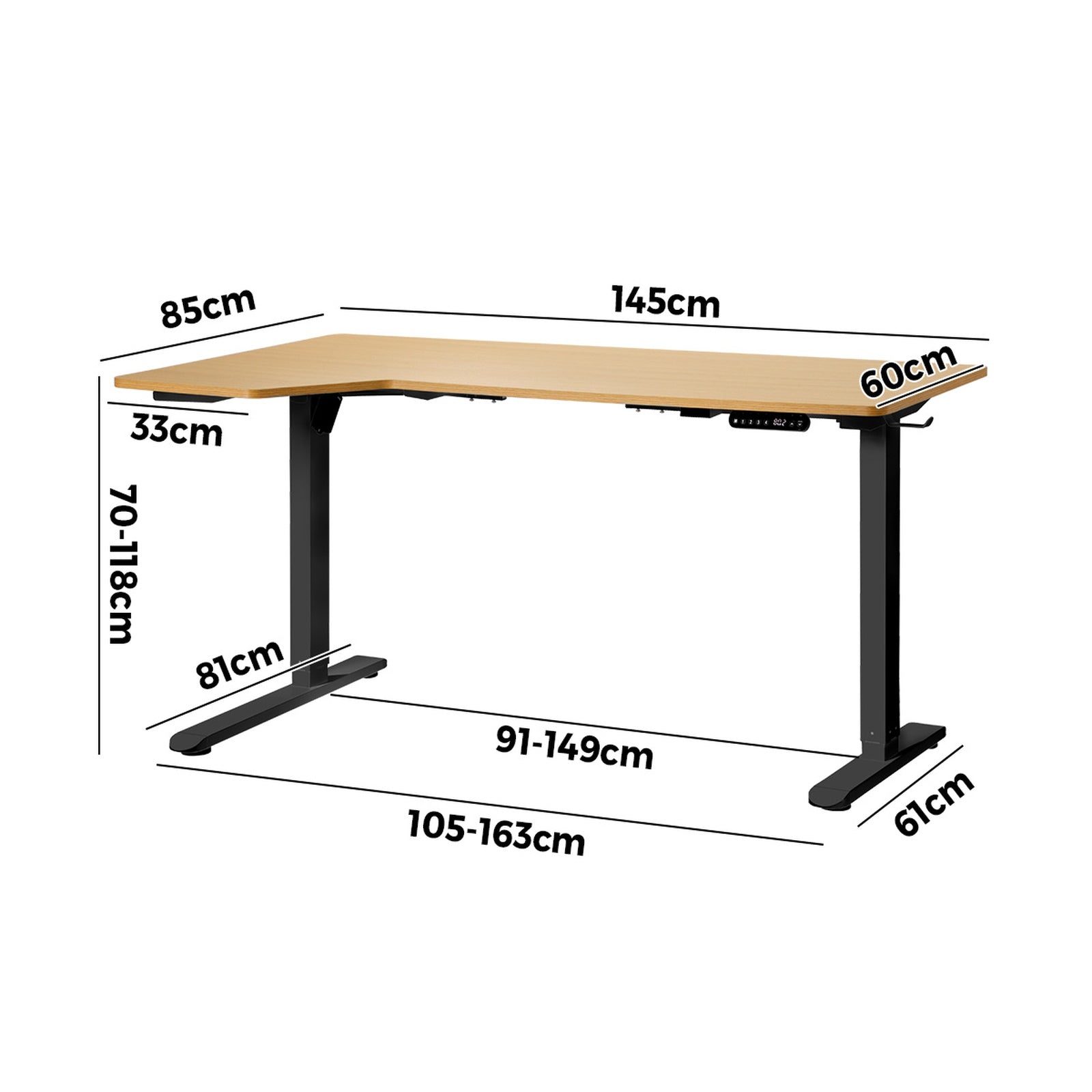 Oikiture L-shape Electric Standing Desk Single Motor Black Frame 145CM Desktop - Sunyee