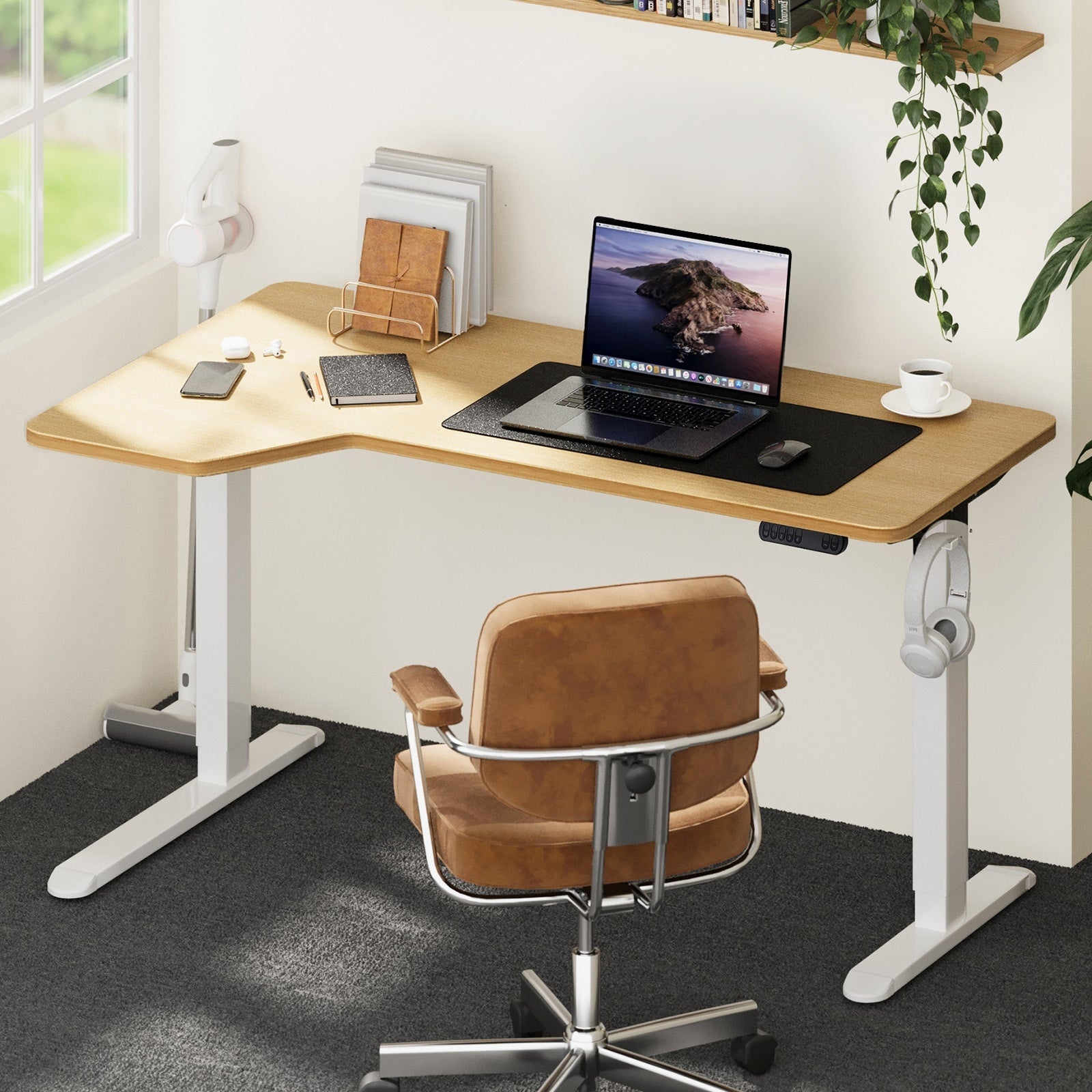 Oikiture L-shape Electric Standing Desk Single Motor Black Frame 145CM Desktop - Sunyee