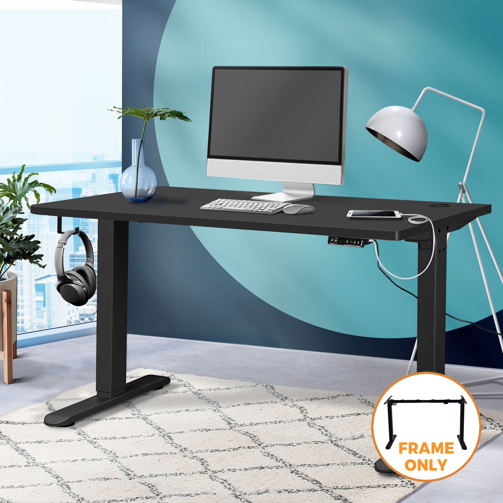 Oikiture Standing Desk Frame Only Height Adjustable Motorised Stand Table Black - Sunyee