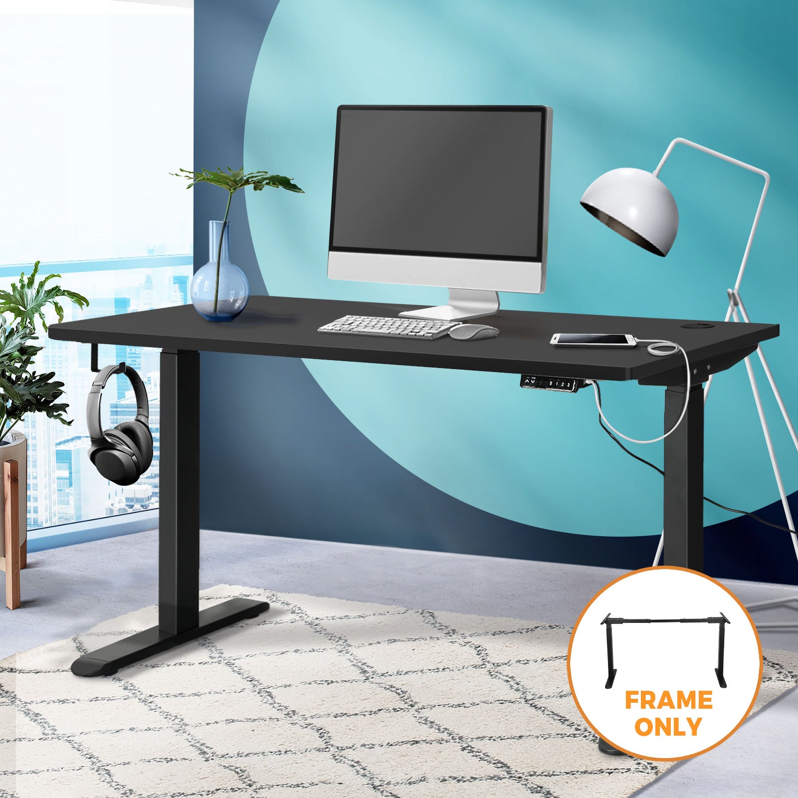 Oikiture Standing Desk Frame Only Height Adjustable Motorised Dual Motor Black - Sunyee