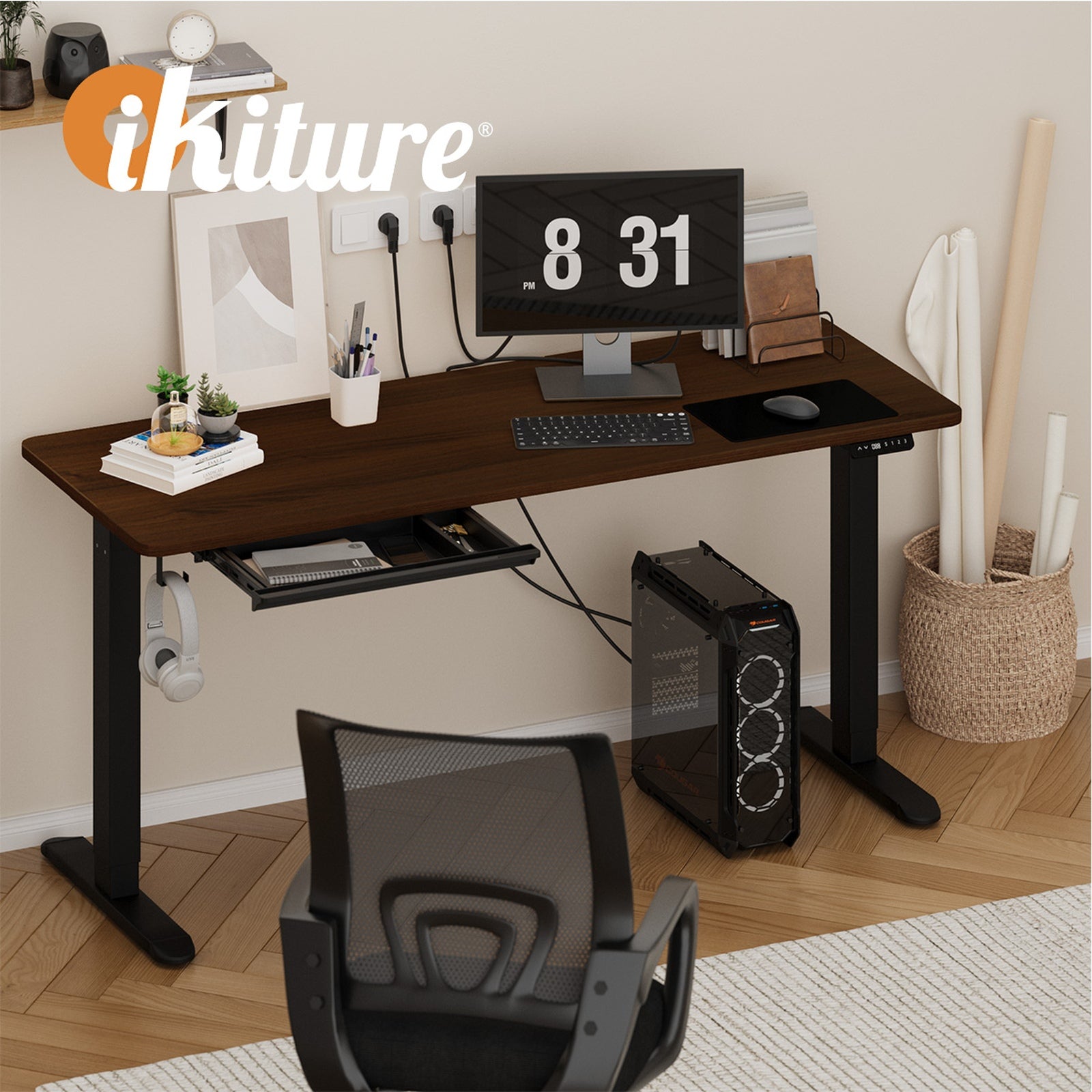 Oikiture 160cm Standing Desk With Drawer Motorized Adjustable Office Table Black - Sunyee